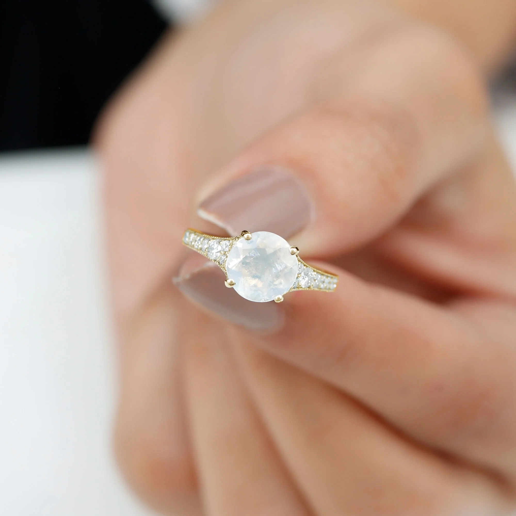 Moonstone Solitaire Ring with Diamond (8 mm) - Engagement Ring, 14K Yellow Gold, US 8.50