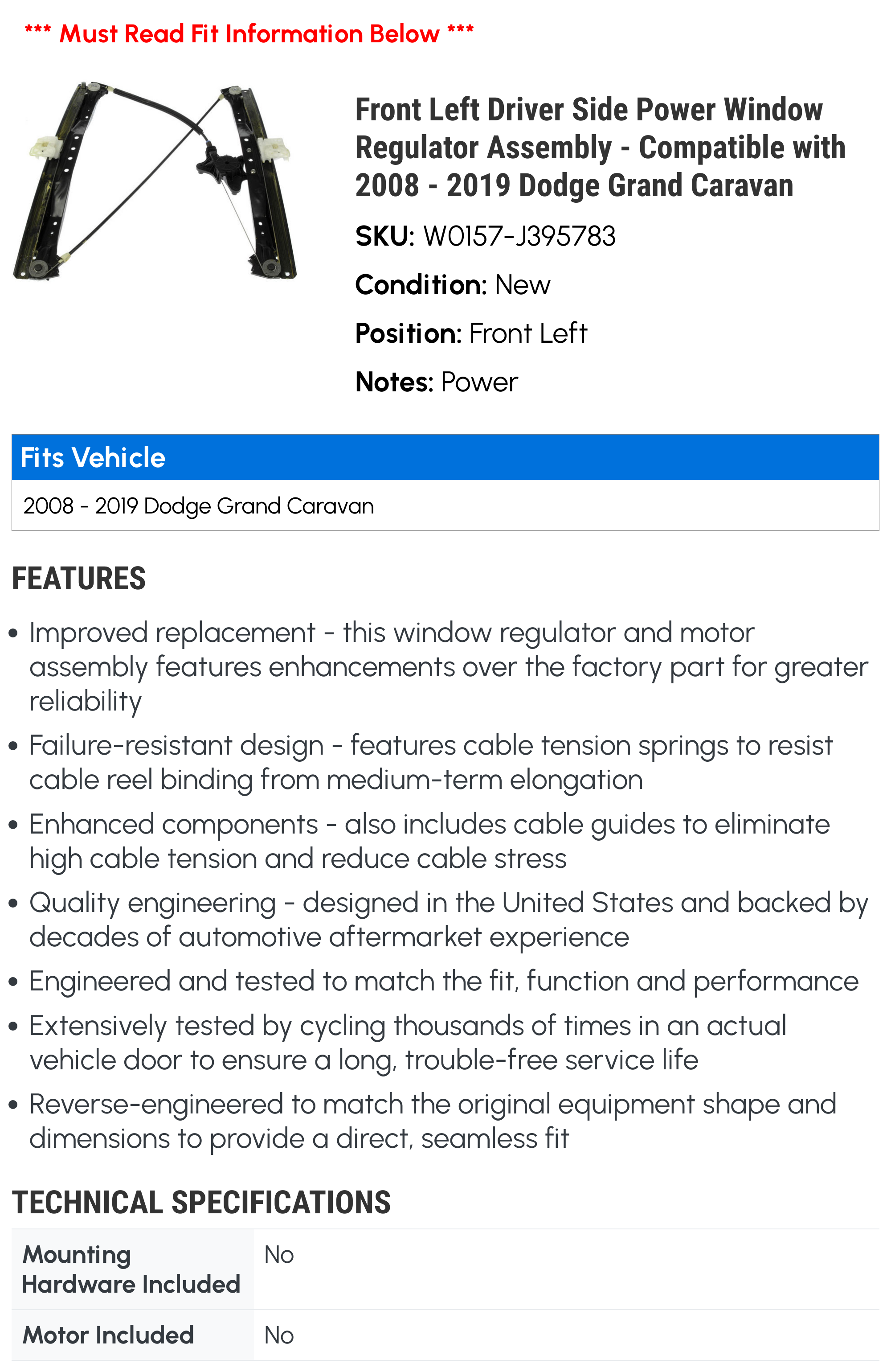 Front Left Driver Side Power Window Regulator Assembly - Compatible with 2008 - 2019 Dodge Grand Caravan 2009 2010 2011 2012 2013 2014 2015 2016 2017 2018