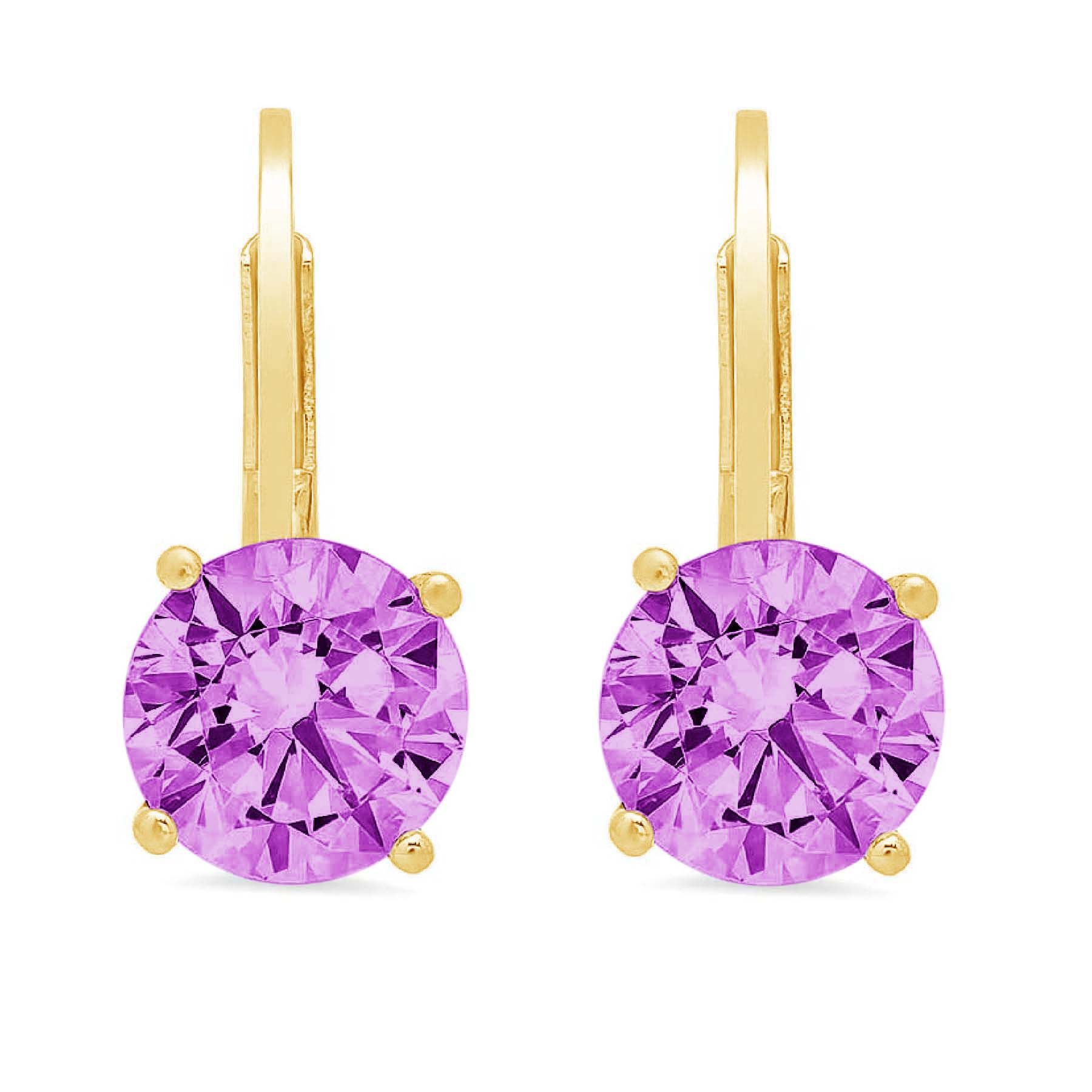 1.5 ct round cut drop dangle purple simulated alexandrite 18k yellow gold earrings lever back