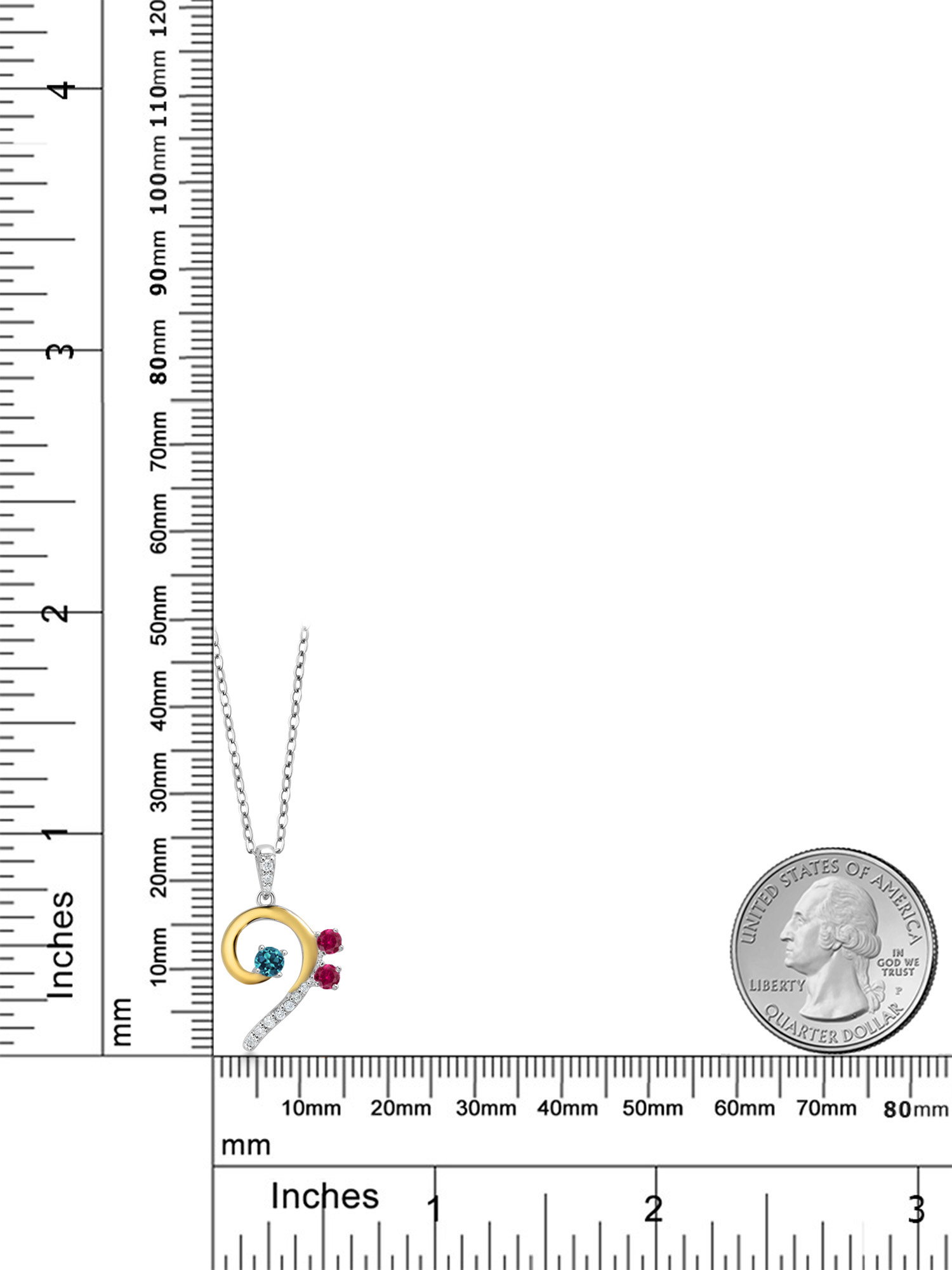 925 Sterling Silver and 10K Yellow Gold London Blue Topaz Red Created Ruby and White Lab Grown Diamond Bass Clef Music Note Pendant Necklace For Women By Keren Hanan (0.33 Cttw, with 18 inch Chain)