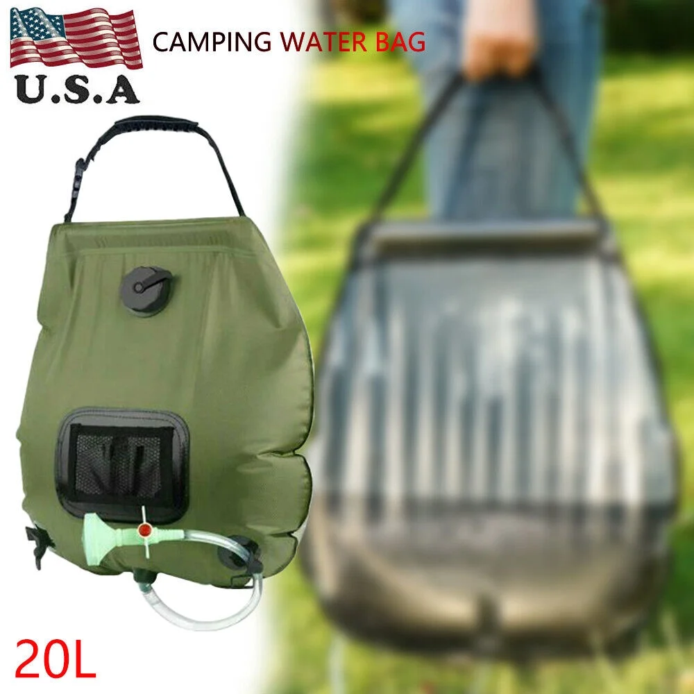 KingFurt Camping Shower Bag with Removable Hose - 5 Gallon Solar Heated Water Storage, Green PVC Material - Portable and Lightweight