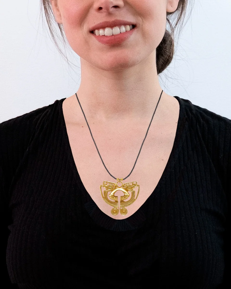 Across The Puddle, Historical Jewelry Collection, 24k Gold Plated Pre-Columbian Tairona Butterfly with two Animal Heads Crescents Necklace