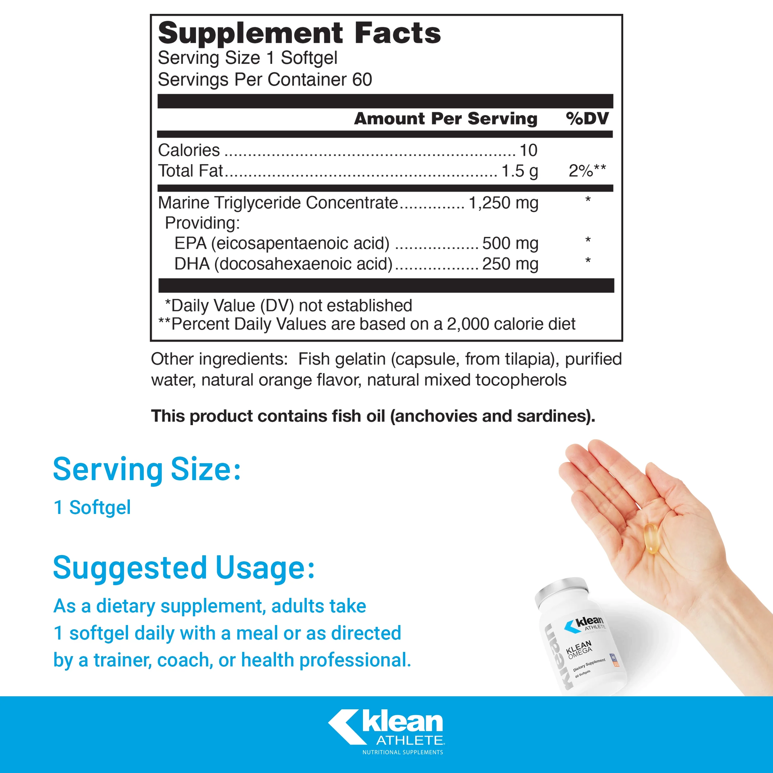 Klean Athlete Klean Omega | Pure Fish Oil in Triglyceride Form to Support Cardiovascular, Neurological and Joint Health | NSF Certified for Sport | 60 Softgels