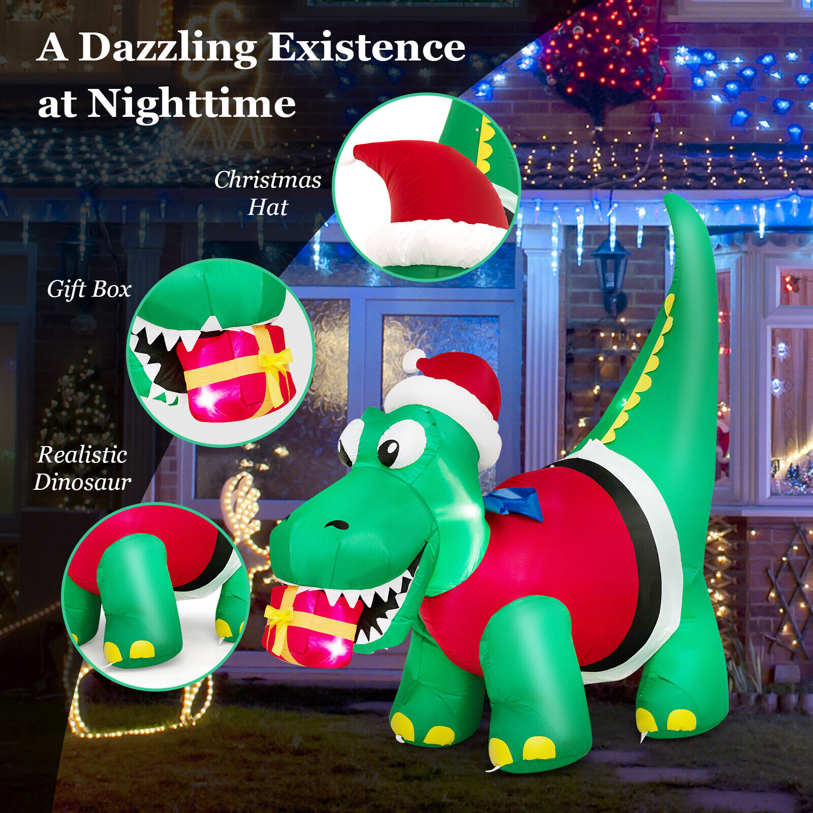 FONIRRA 6 FT Christmas Inflatable Dinosaur with Gift Box LED Lights & Blower for Holiday Yard Deck Garden