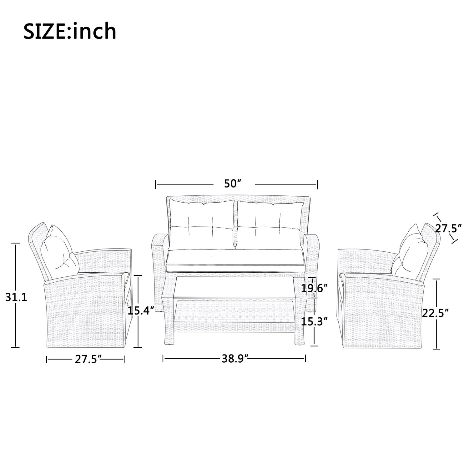 4pc Outdoor Rattan Furniture Set Loveseat Sofa Cushioned Patio Garden All Weather Outdoor Sectional Sofa with Ottoman and Cushions, Gray