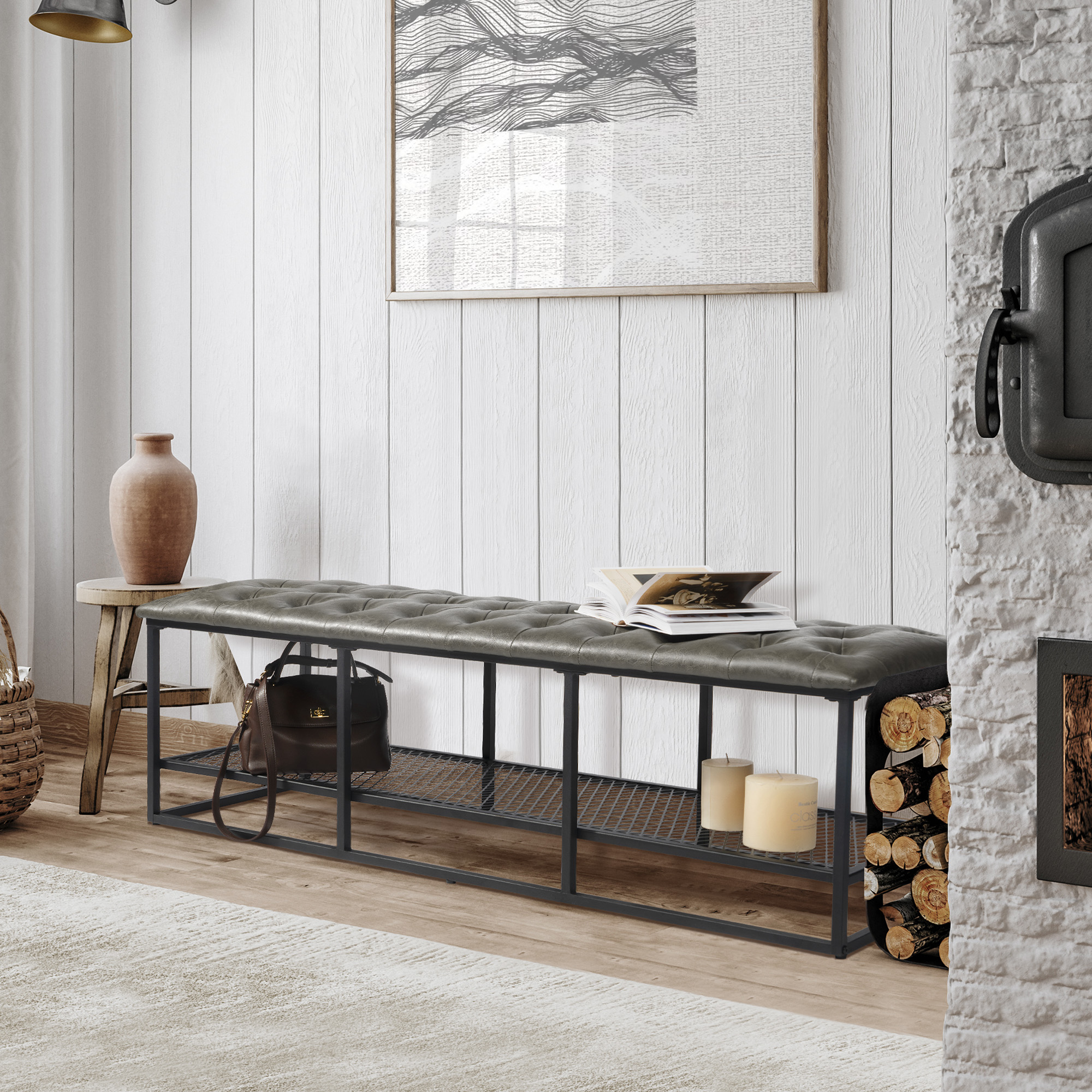 Cozy Castle Button Tufted Faux Leather Bench with Storage Shelf, Gray Green