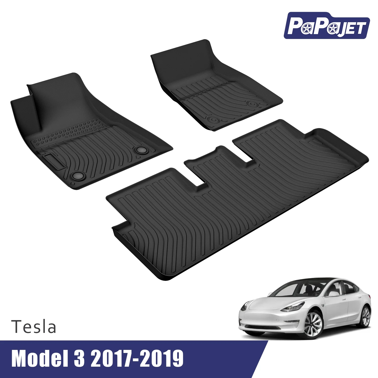 PAPAJET Floor Mats Compatible with 2017-2019 Tesla Model 3, Custom Fit Floor Liners for Front & 2nd Seat 2 Row, All Weather Protection, Easy to Install & Clean, Black