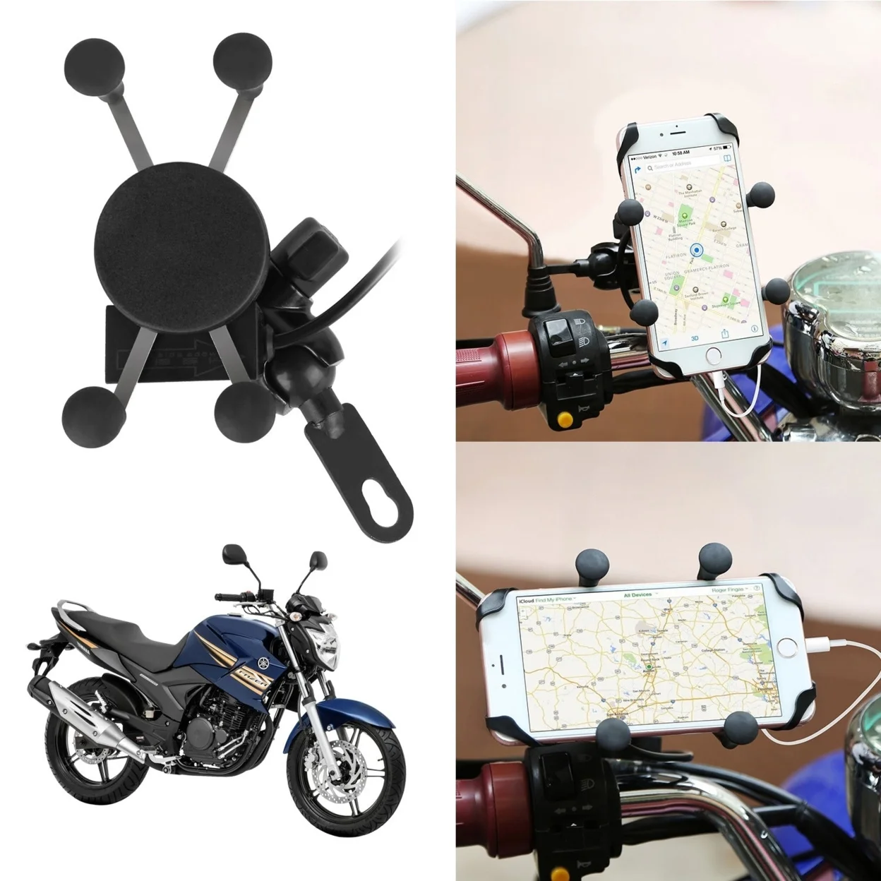 Motorcycle Handlebar Mount Holder with USB Charger for Cellphones