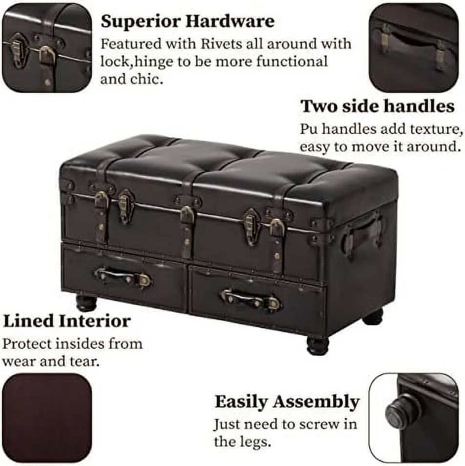 NLIBOOMLife Vintage  Bench Upholstered Mid-Century Faux Leather  Ottoman Bed Bench  Chest for Hallway  Entryway  Bedroom  Dark Brown