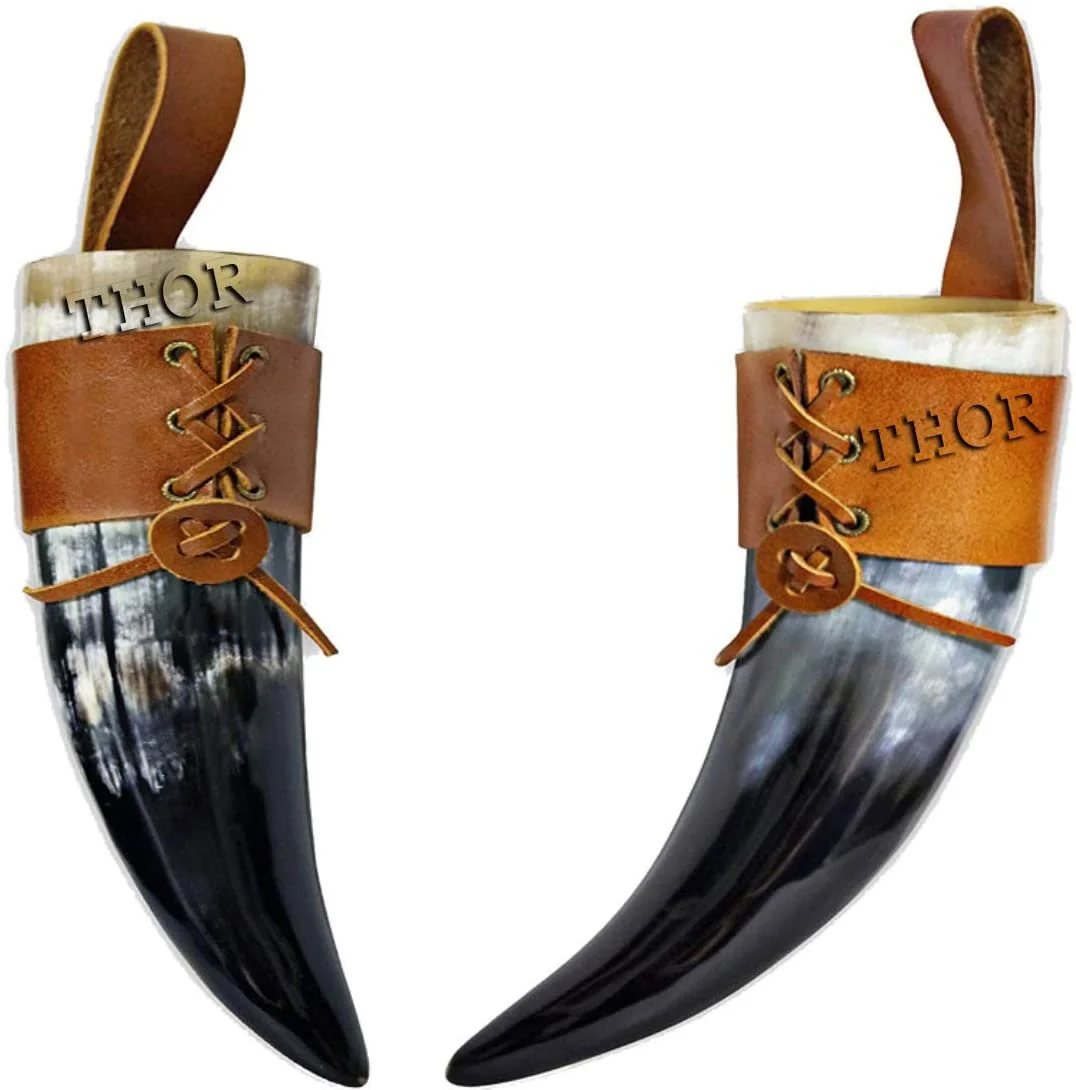 Medieval Viking Drinking Horn Mug Cup w/Brown Leather Clip Button Holster