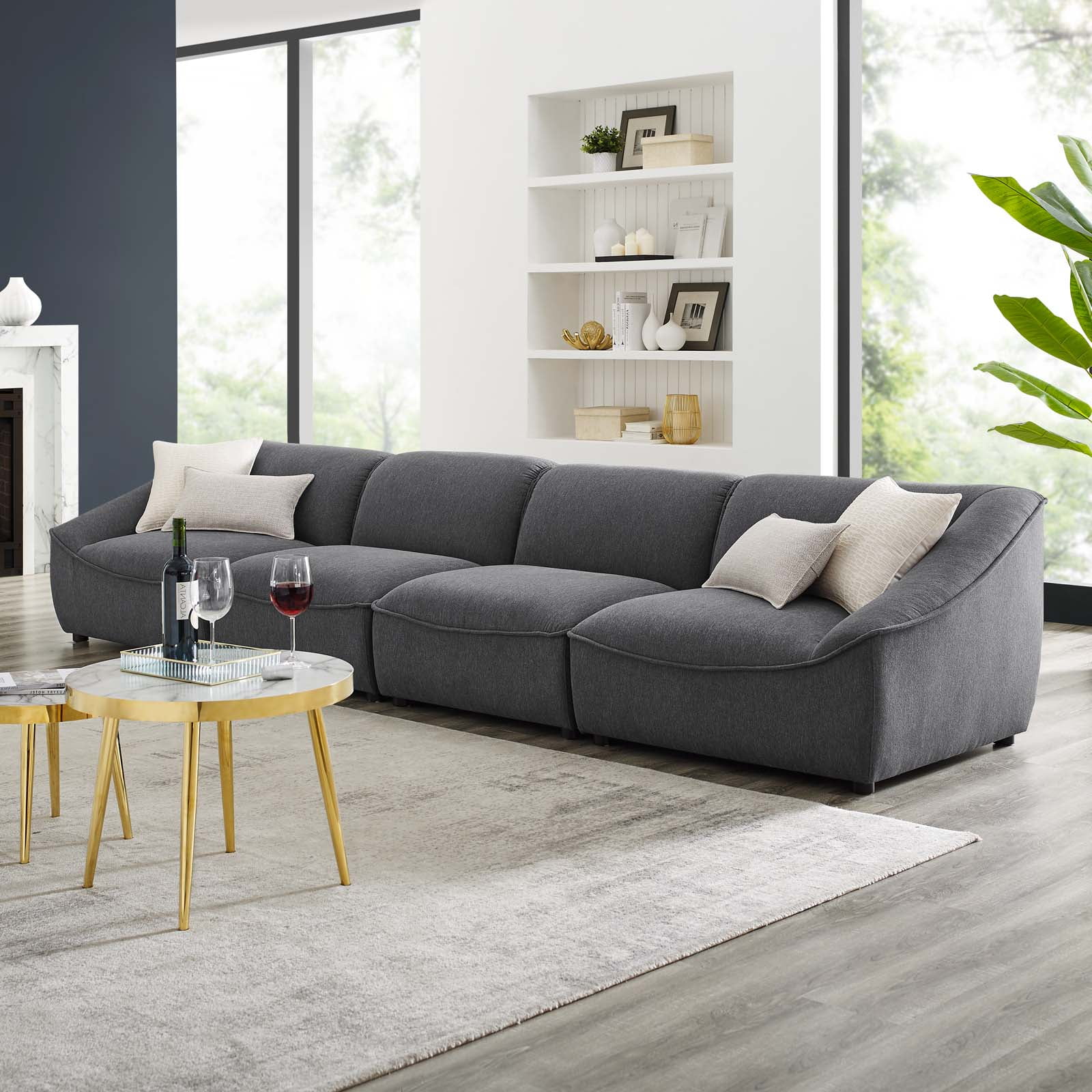 Sofa, Fabric, Dark Grey Gray, Modern Contemporary Urban Design, Living Lounge Room Hotel Lobby Hospitality