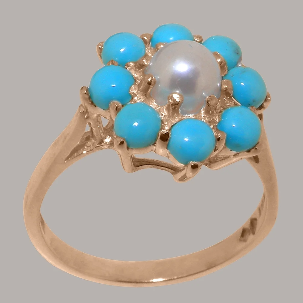 LBG British Made 9k Rose Gold Cultured Pearl & Turquoise Womens Statement Ring - 33 size options - Size 10