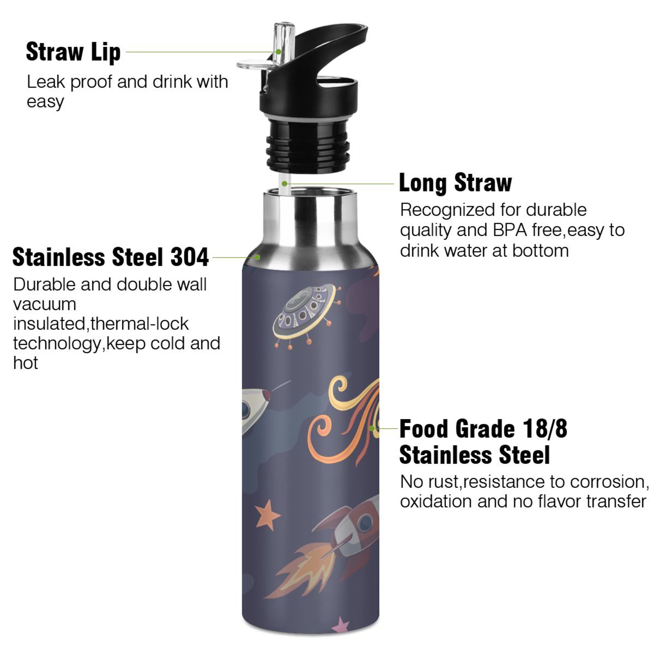 Water Bottle with Straw Lid Leak Rocket Spaceship Stars Sun Stainless Steel Insulated Thermos Vacuum Flask for Cold Hot Drinking for Sports Camping Gym Yoga