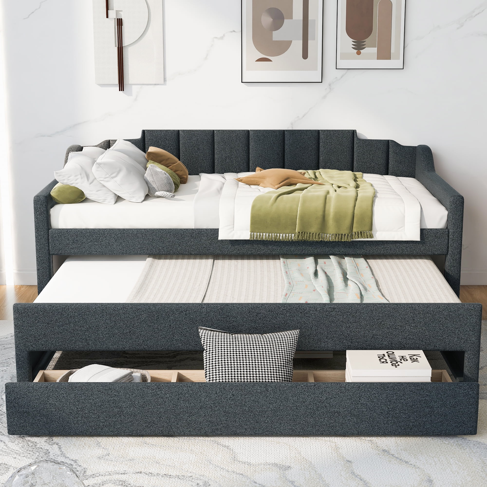 EUROCO Twin Size Upholstery Daybed with Trundle and Drawers, Storage Platform Bed with Big Drawers and Moveable Twin Trundle Bed for Kids and Adults, No Box Spring Needed, Dark Gray