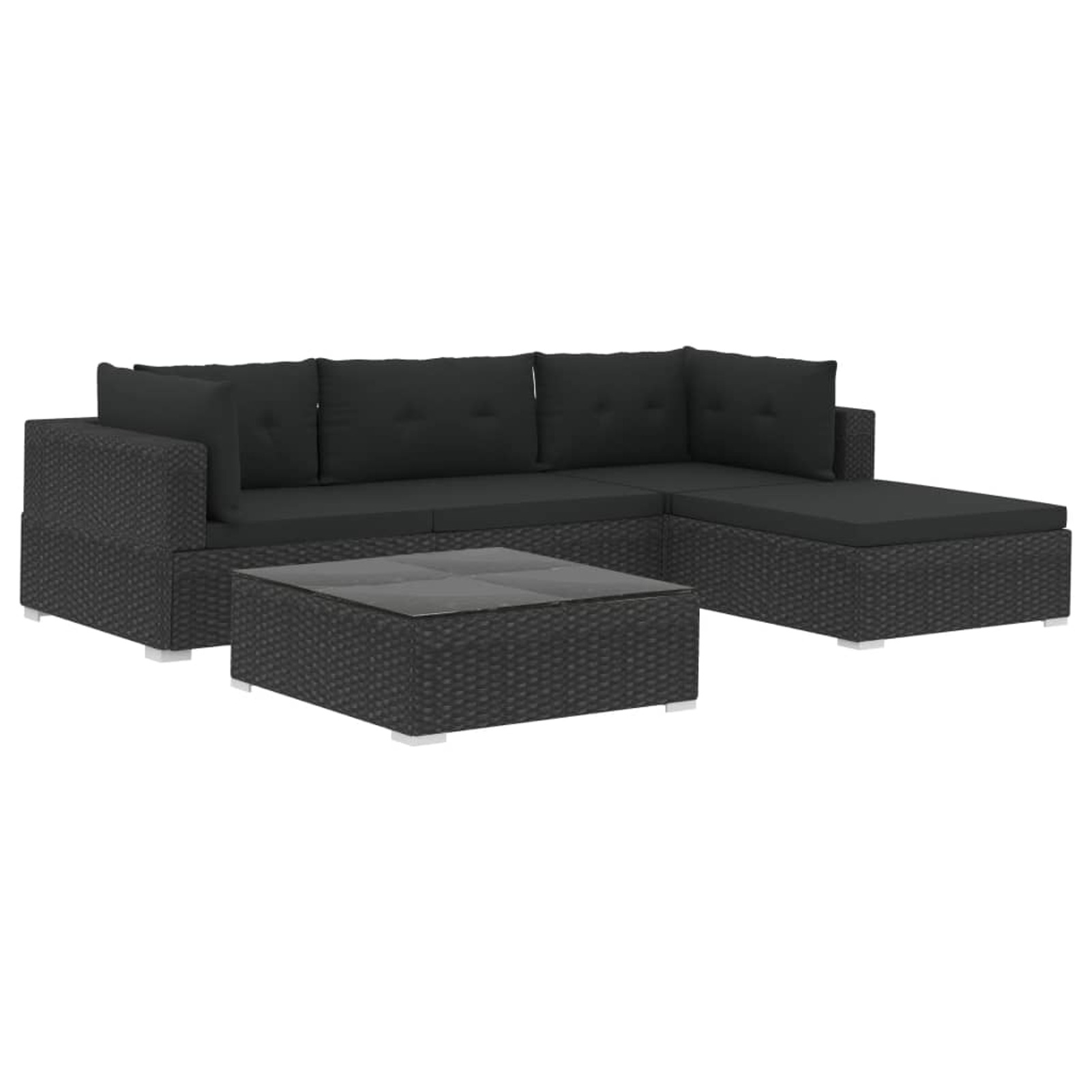 Dcenta 5 Piece Outdoor Conversation Sofa Set Black Poly Rattan Sectional Sofa Lounge with Tea Table and Ottoman Set Cushioned Garden Patio Pool Backyard Balcony Lawn Furniture