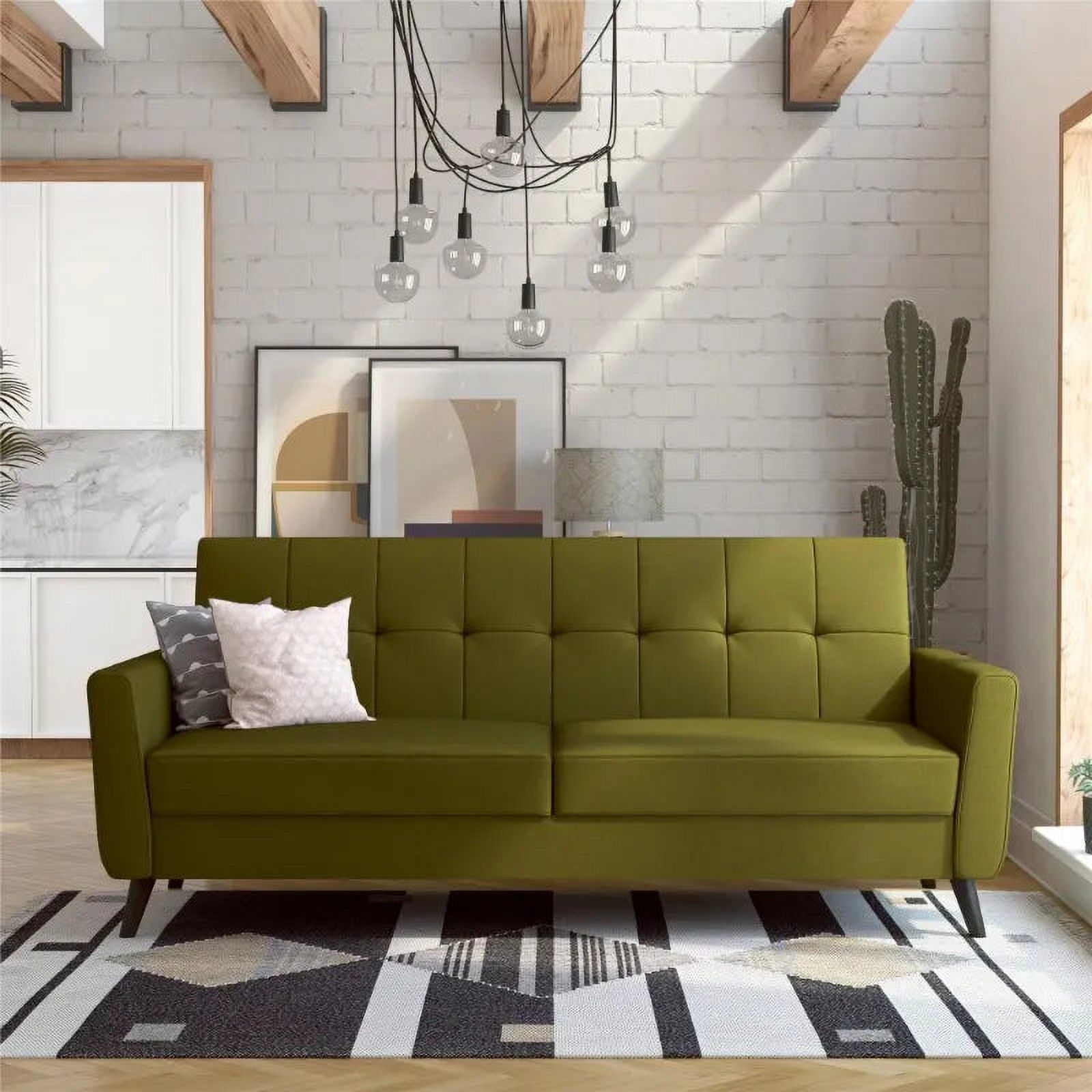 Living Room Sofa Futon with Storage, Olive Green Linen