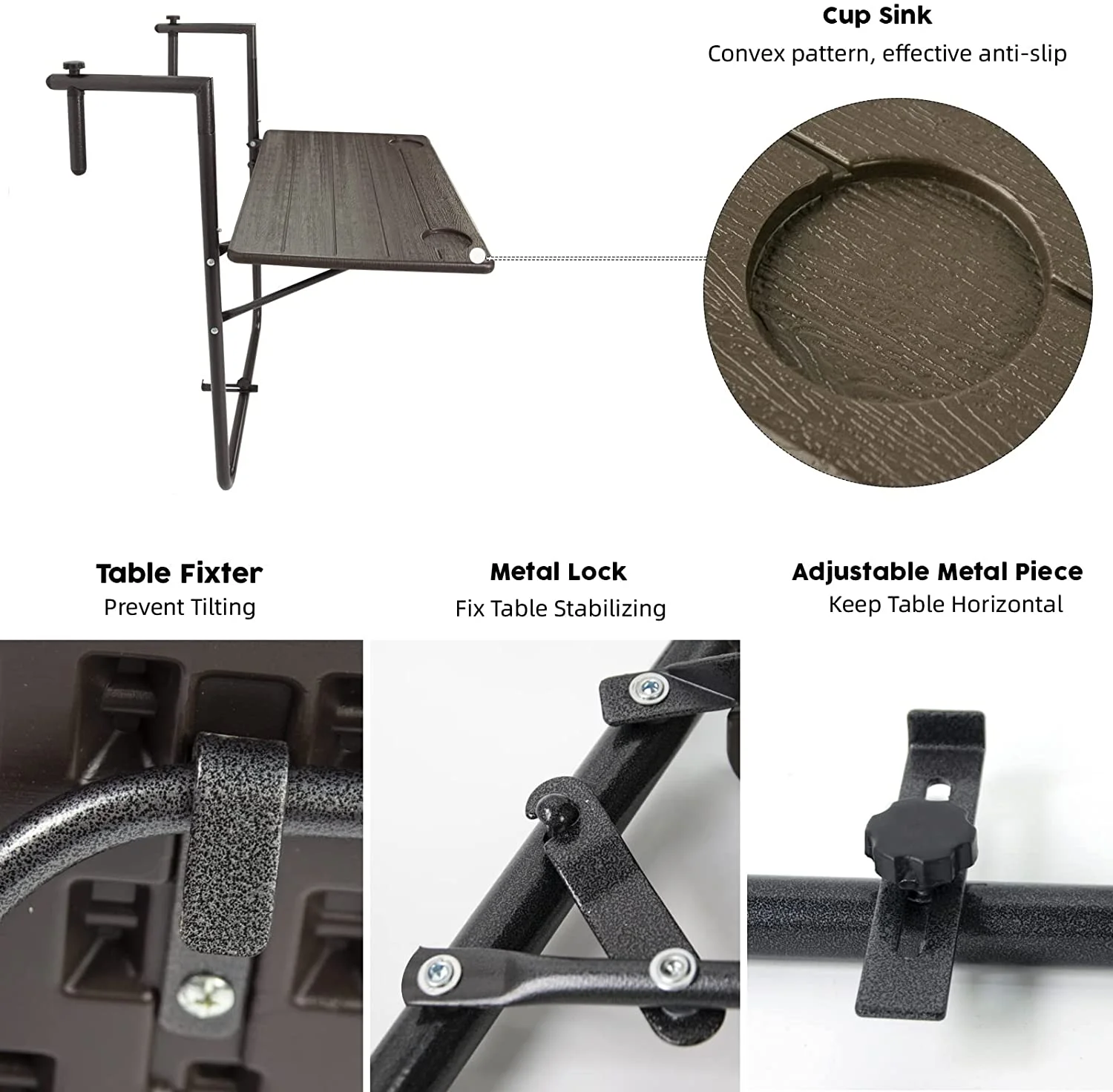 Folding Balcony Hanging Table - Outdoor Railing Bar Serving Table, Adjustable Height/Durable & Maintenance-free Material, Suitable for Patio, Garden and Deck(Antique Wood Grain)
