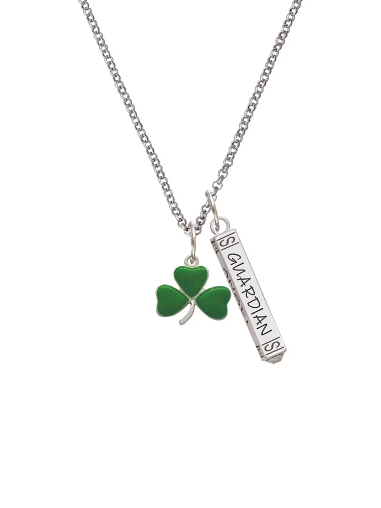 Delight Jewelry Silvertone Green Three Leaf Clover - Shamrock Silvertone Guardian Angel Bar Charm Necklace, 23