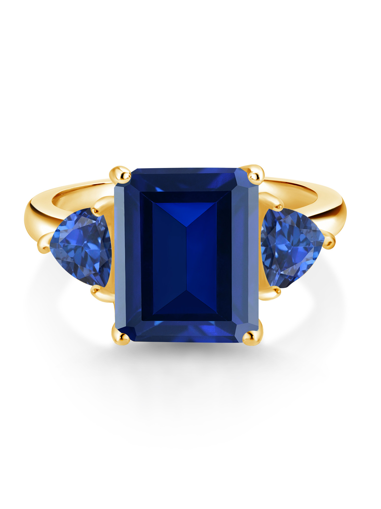 Gem Stone King 18K Yellow Gold Plated Silver Blue Simulated Sapphire and Blue Created Sapphire 3 Stone Ring For Women (7.78 Cttw, Octagon 12X10MM, Trillion 5X5MM, September Birthstone, Size 5)