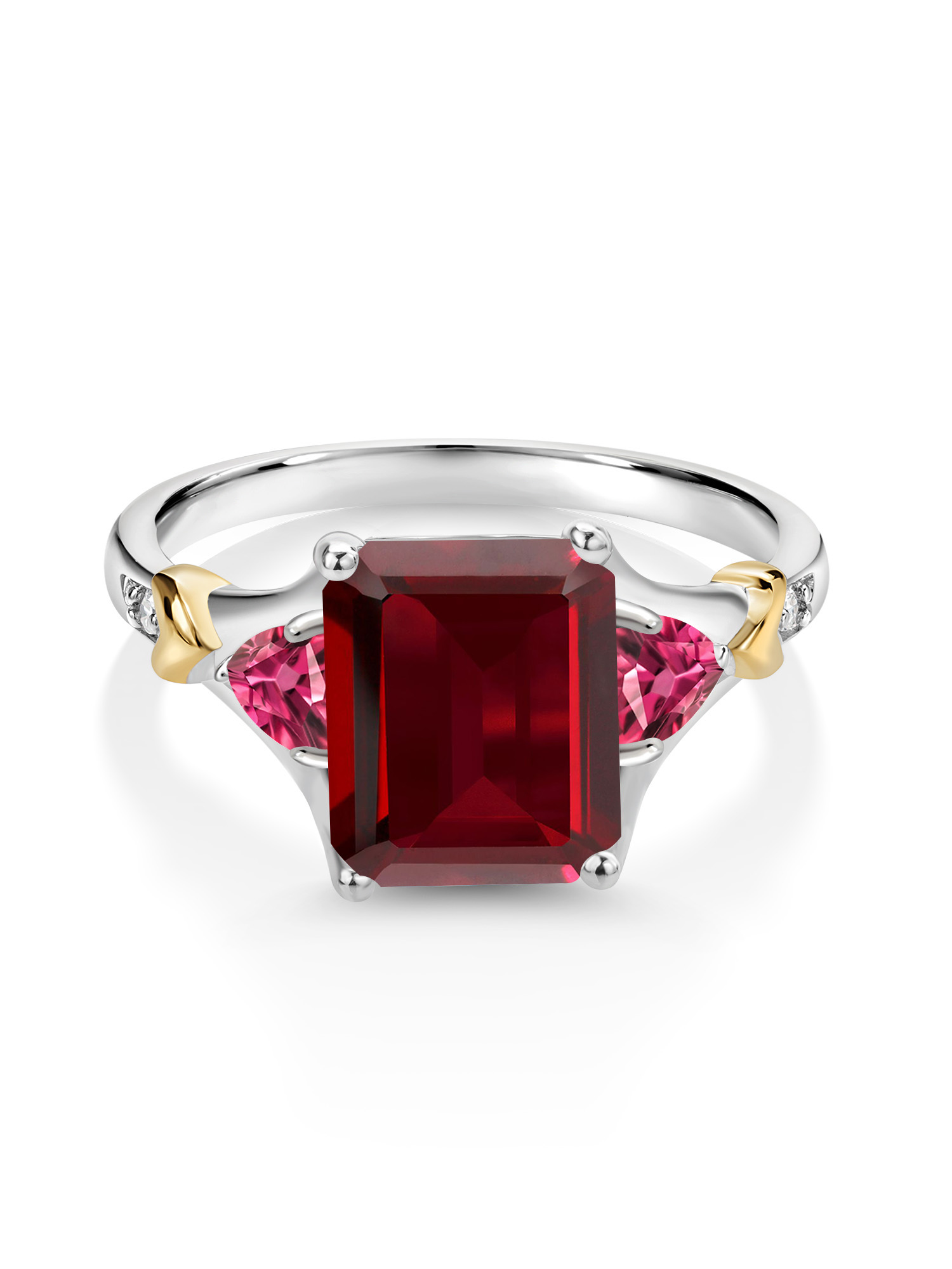Gem Stone King 925 Silver and 10K Yellow Gold Red Garnet and Pink Tourmaline and Diamond Engagement Ring For Women (4.24 Cttw, Emerald Cut 10X8MM, Trillion 3.5MM)