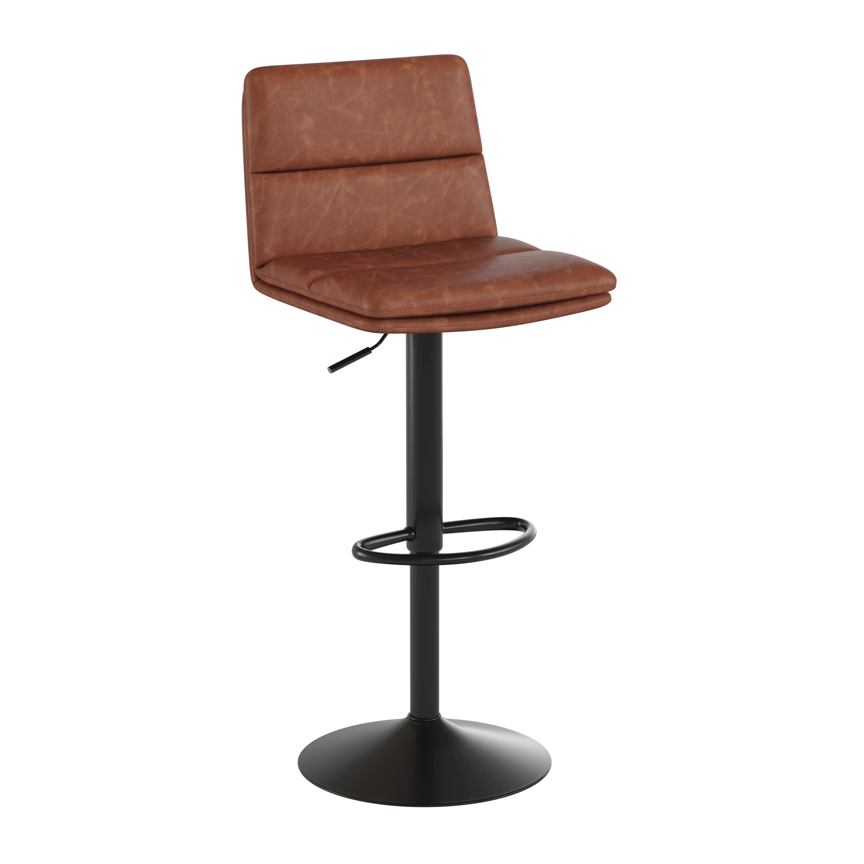 Emma + Oliver Set of Two Faux Leather Upholstered Height Adjustable Swivel Mid-Back Stools with Comfortable Foam Padding and Matte Black Steel Base - Cognac
