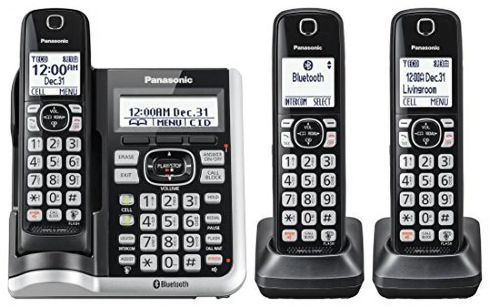 Panasonic Link2Cell Bluetooth Cordless Phone System with Voice Assistant, Call Blocking and Answering Machine. DECT 6.0 Expandable Cordless System - 3 Handsets - KX-TGF573S (Black/Silver Trim)