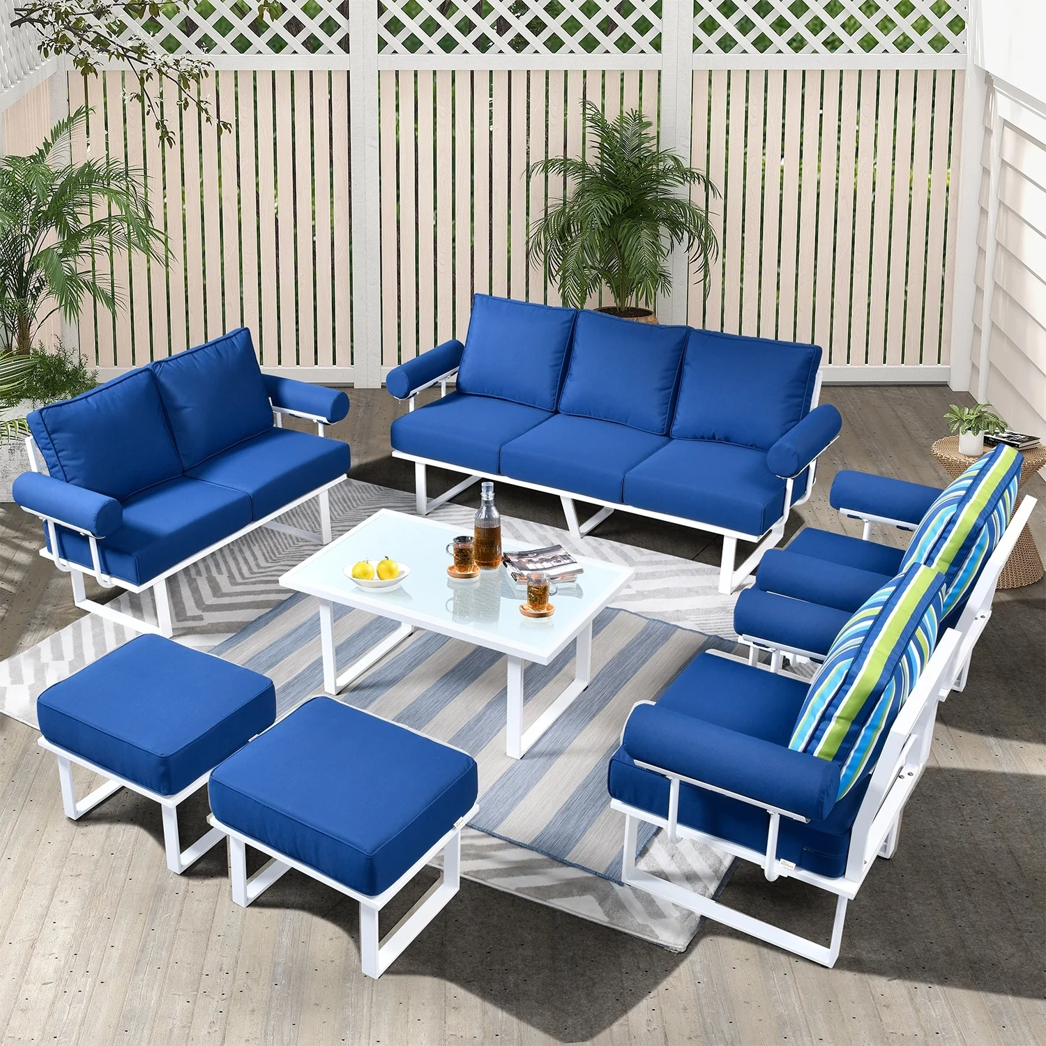 OVIOS 7-piece Outdoor Aluminum Frame Ottoman Removable Cushion Sectional Set Striped Grey