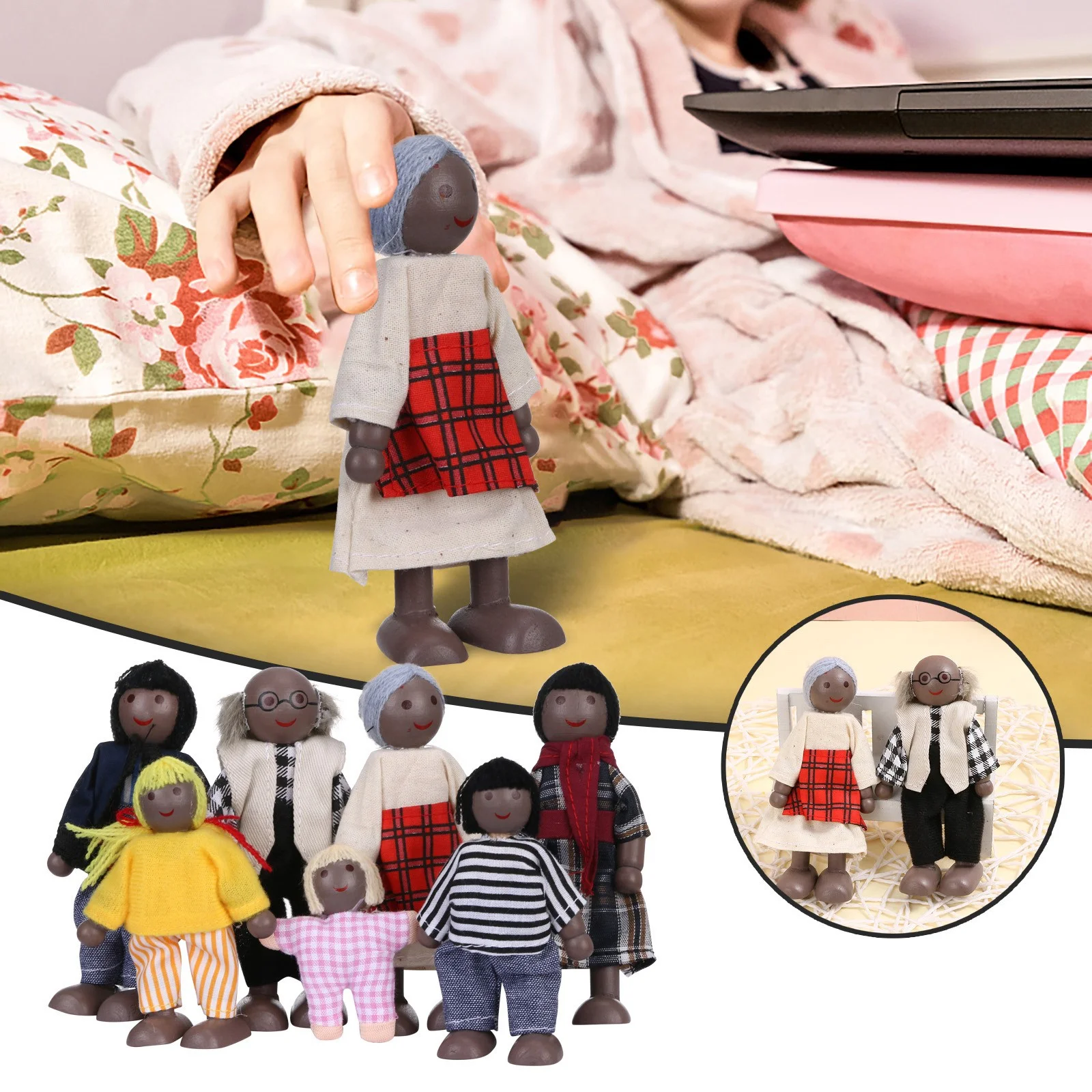 Kids Girls Lovely Happy Dolls Family Playset Wooden Figures Set of 7 African Toy