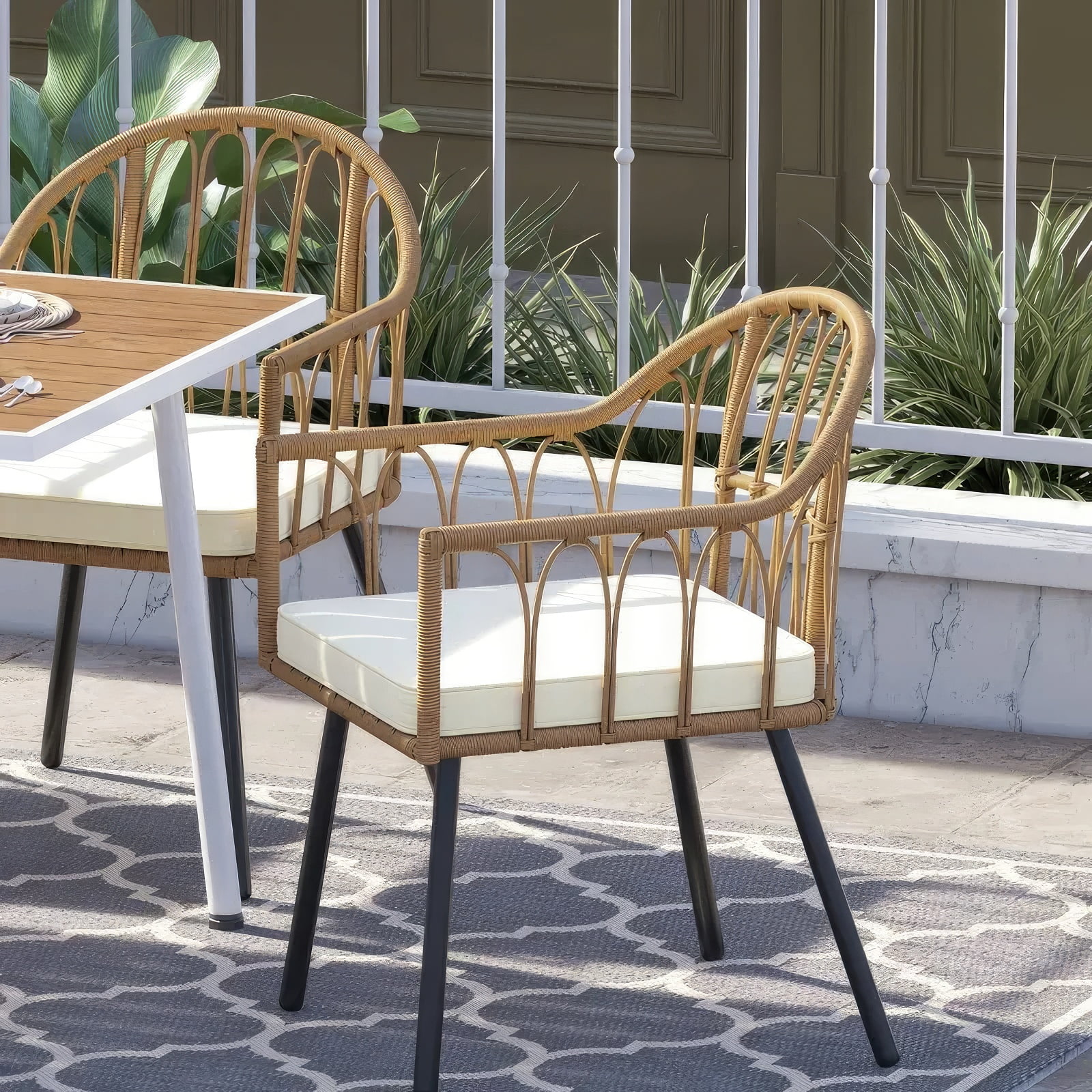 DEXTRUS 7 Pieces Outdoor Patio Dining Table Set, Rattan Wicker Patio Dining Chair & Table Set for 6 People, Sectional Conversation Set with Umbrella Hole for Patios, Backyard