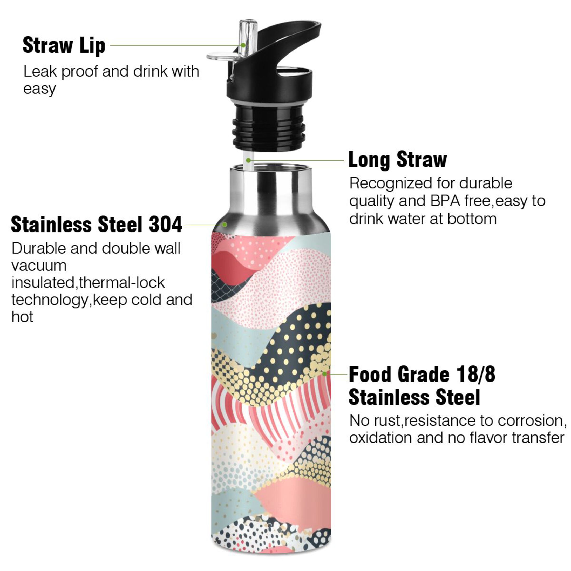 Stripe with Gold Water Bottles Insulated Thermos Kids Stainless Steel Bottle with Straw Lid Flask Leakproof for Sports Gym 20 oz