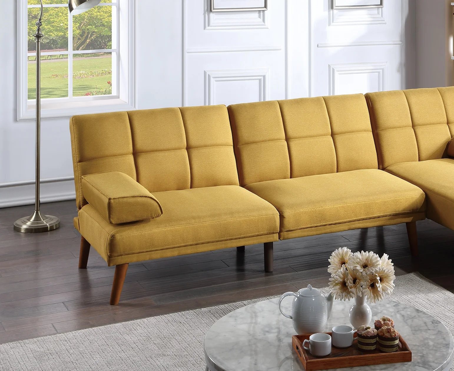 Living Room Sofa Convertible Bed Sofa Mustard Color Polyfiber Adjustable Couch Tufted Back Cushions 1pc Sofa Bed