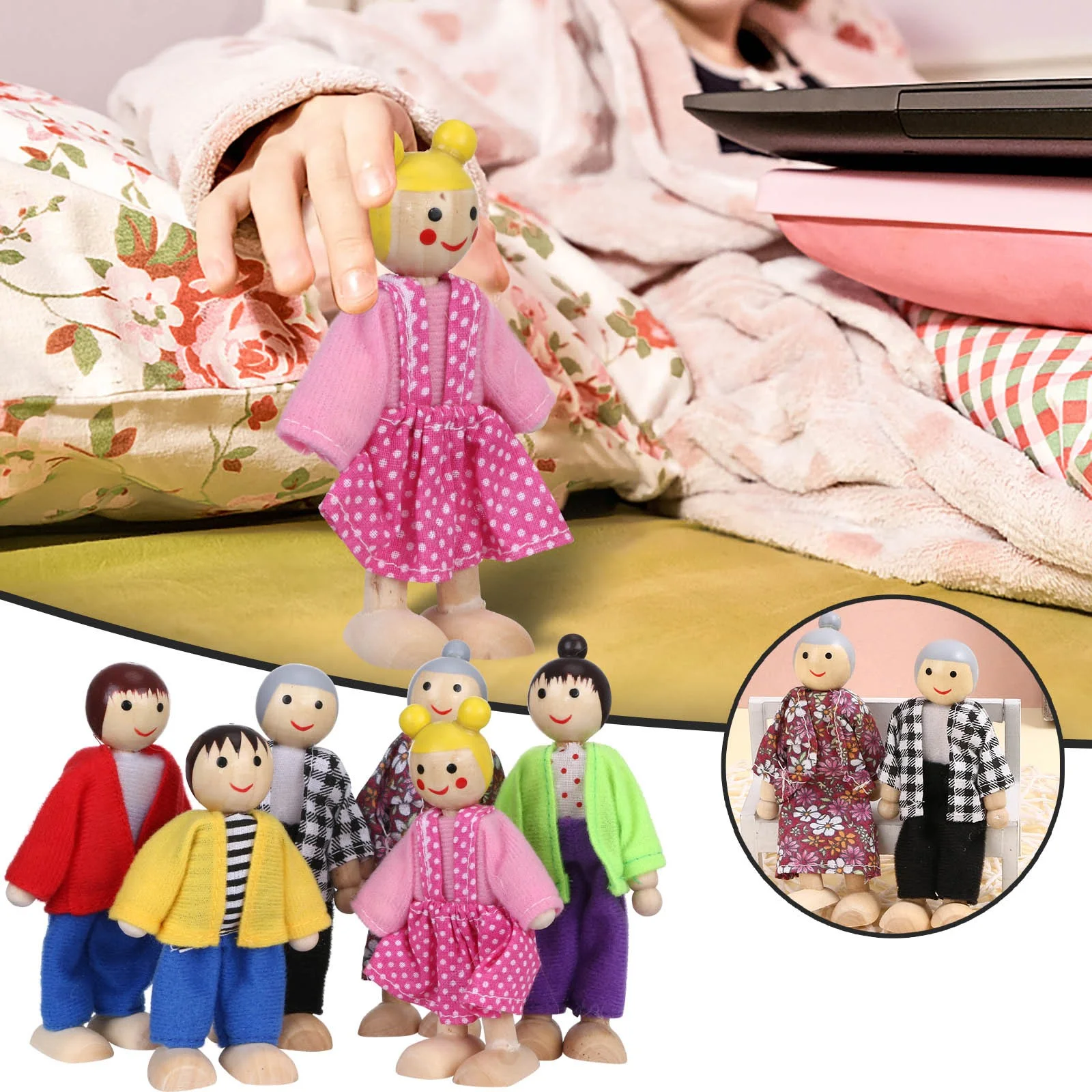 TOYFUNNY Kids Girls Happy Dolls Family Playset Wooden Figures Set of 6 People Doll