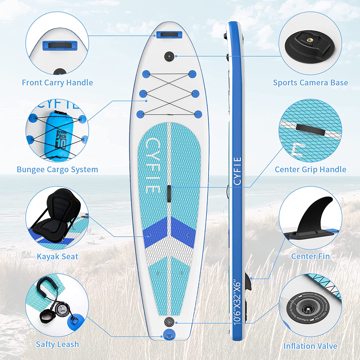 Paddle Board for Adult, Inflatable Surfboard Fishing Standup Cyfie Paddle Board 10.6 ft