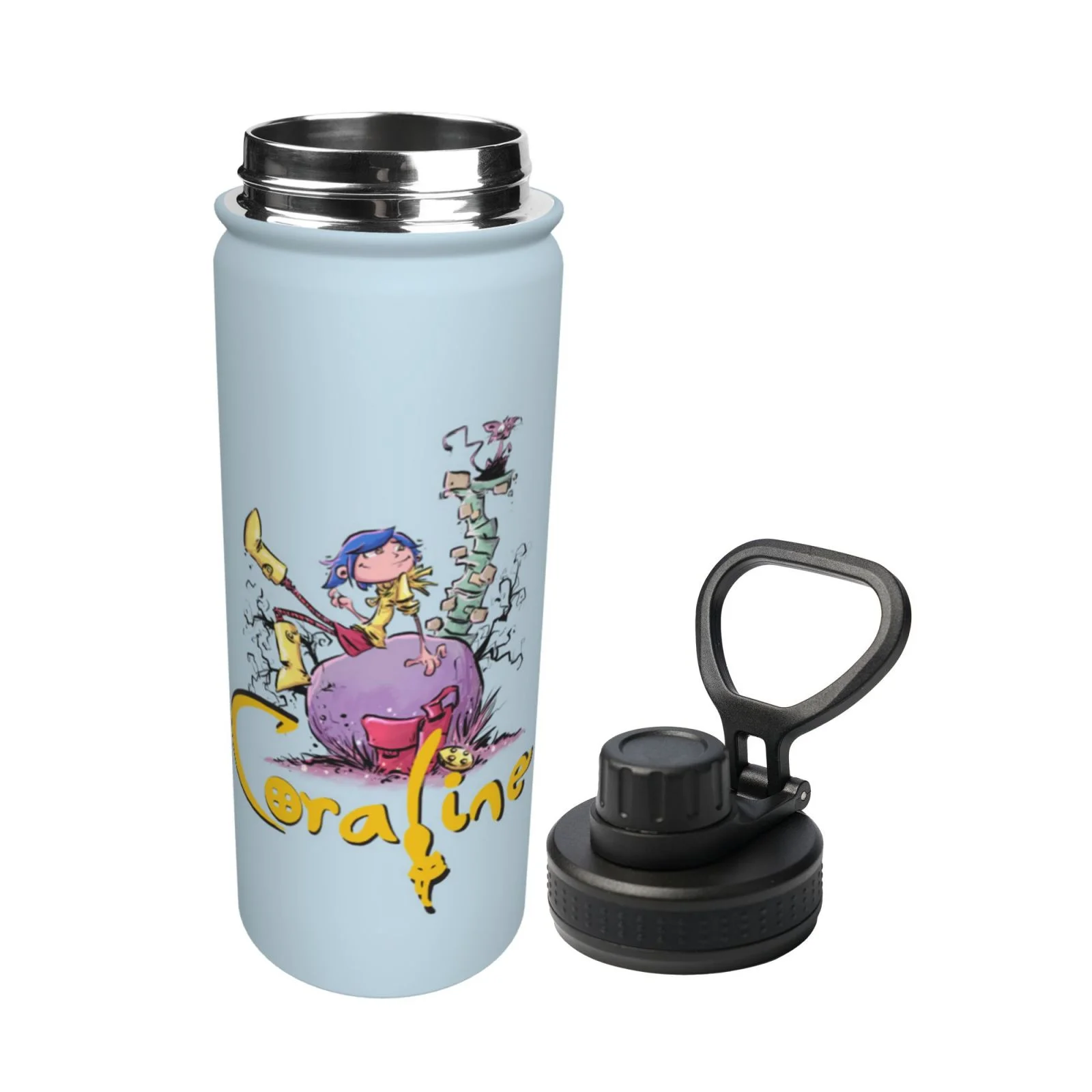 Coraline Movie Unisex Sports Insulated Water Bottles Kettle Stainless Steel Portable Cup 18OZ For School Travel Gym Running