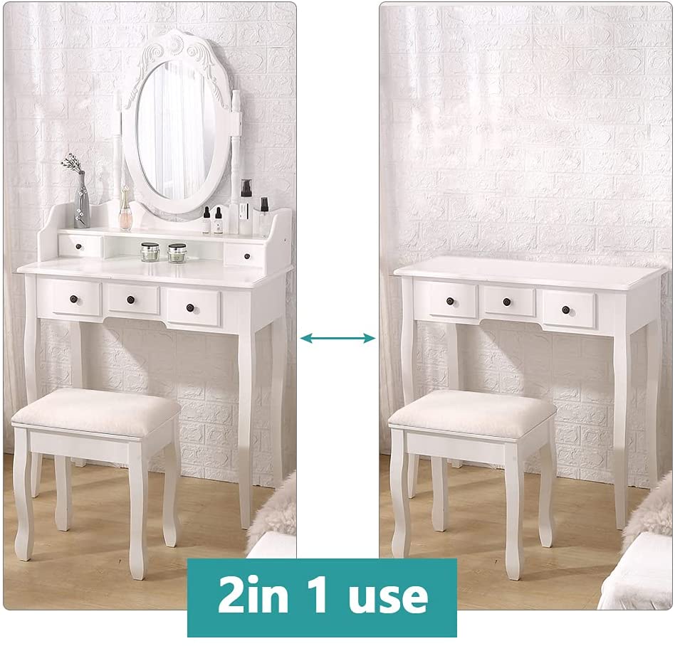 Vanity Mirror Table Set, Makeup Desk Vanity with Stool, Vintage Bedroom Vanity Lots Storage Dressing Table White for Women and Girls