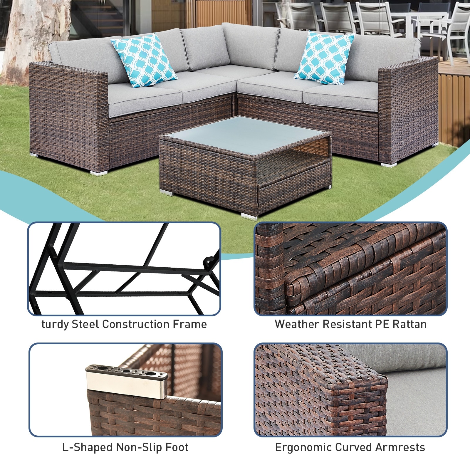 Tappio Outdoor Rattan Conversation Set Patio Sectional Sofa Seating Group (Set of 4) Grey