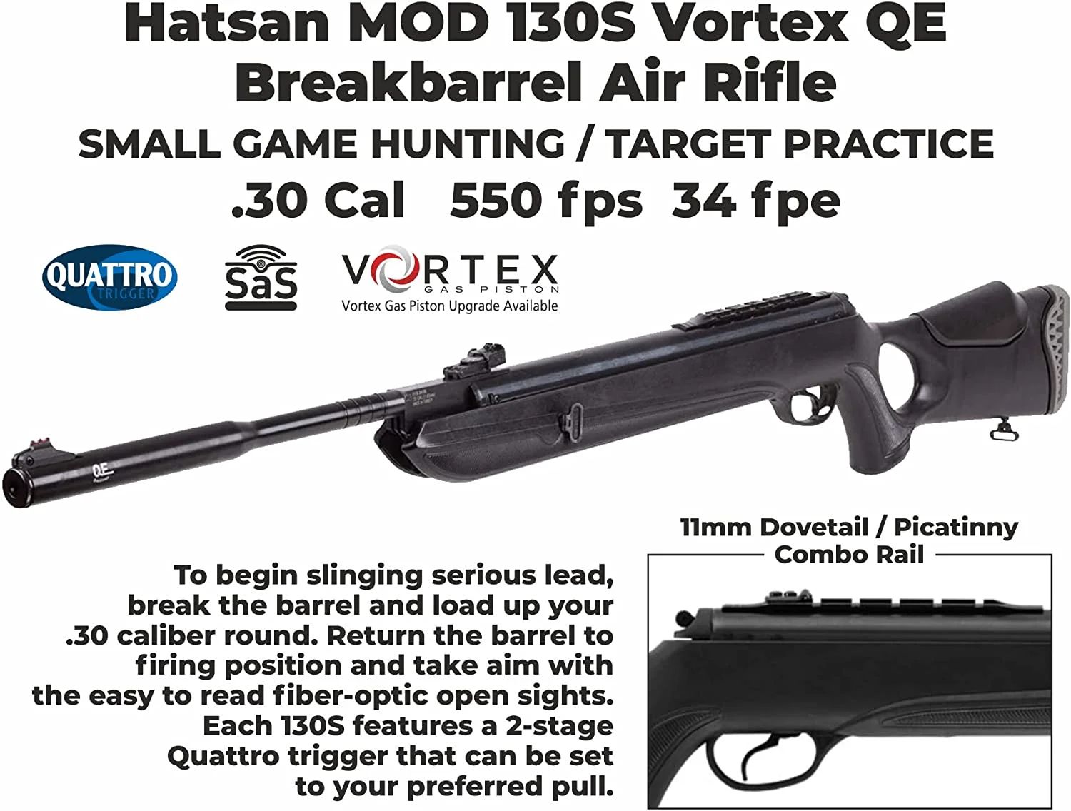 Hatsan Mod 130S Vortex QE .30 Cal Break Barrel Air Rifle and Pellets and Hat Bundle