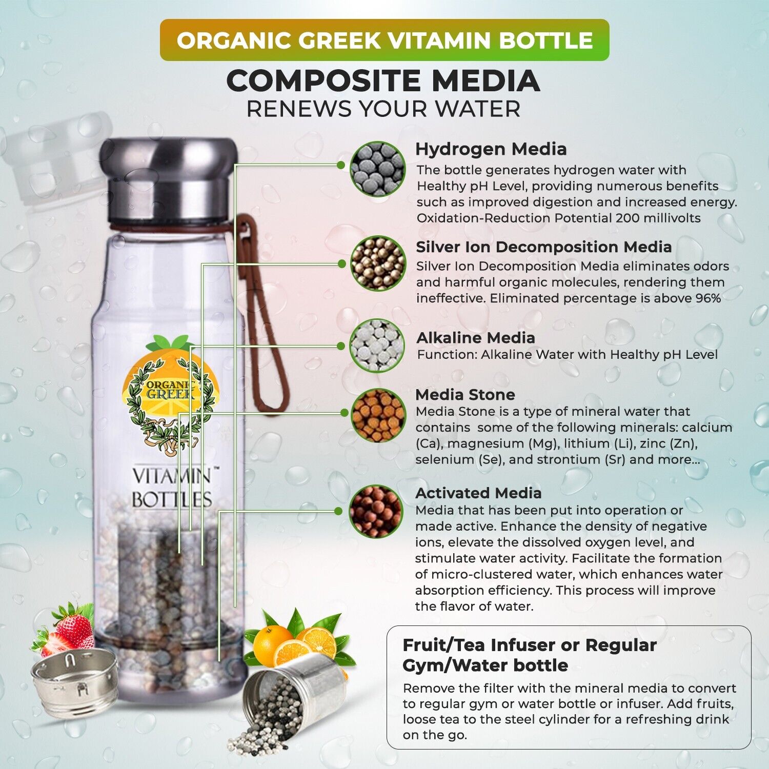 Organic Greek Vitamin Bottles Hydrogen Alkaline Generator Water + Filter 4 in 1