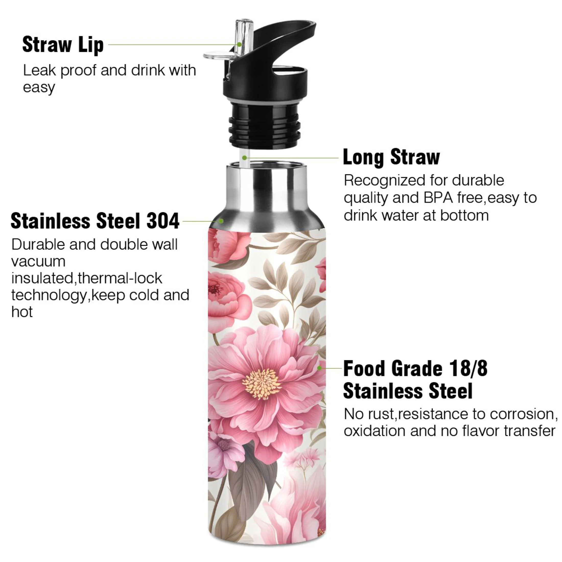 Water Bottle with Straw Lid Leak Pink Flowers Floral Print Stainless Steel Insulated Thermos Vacuum Flask for Cold Hot Drinking for Sports Camping Gym Yoga