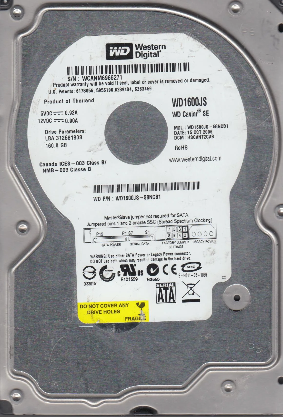 WD1600JS-58NCB1, DCM HSCANT2CAB, Western Digital 160GB SATA 3.5 Hard Drive