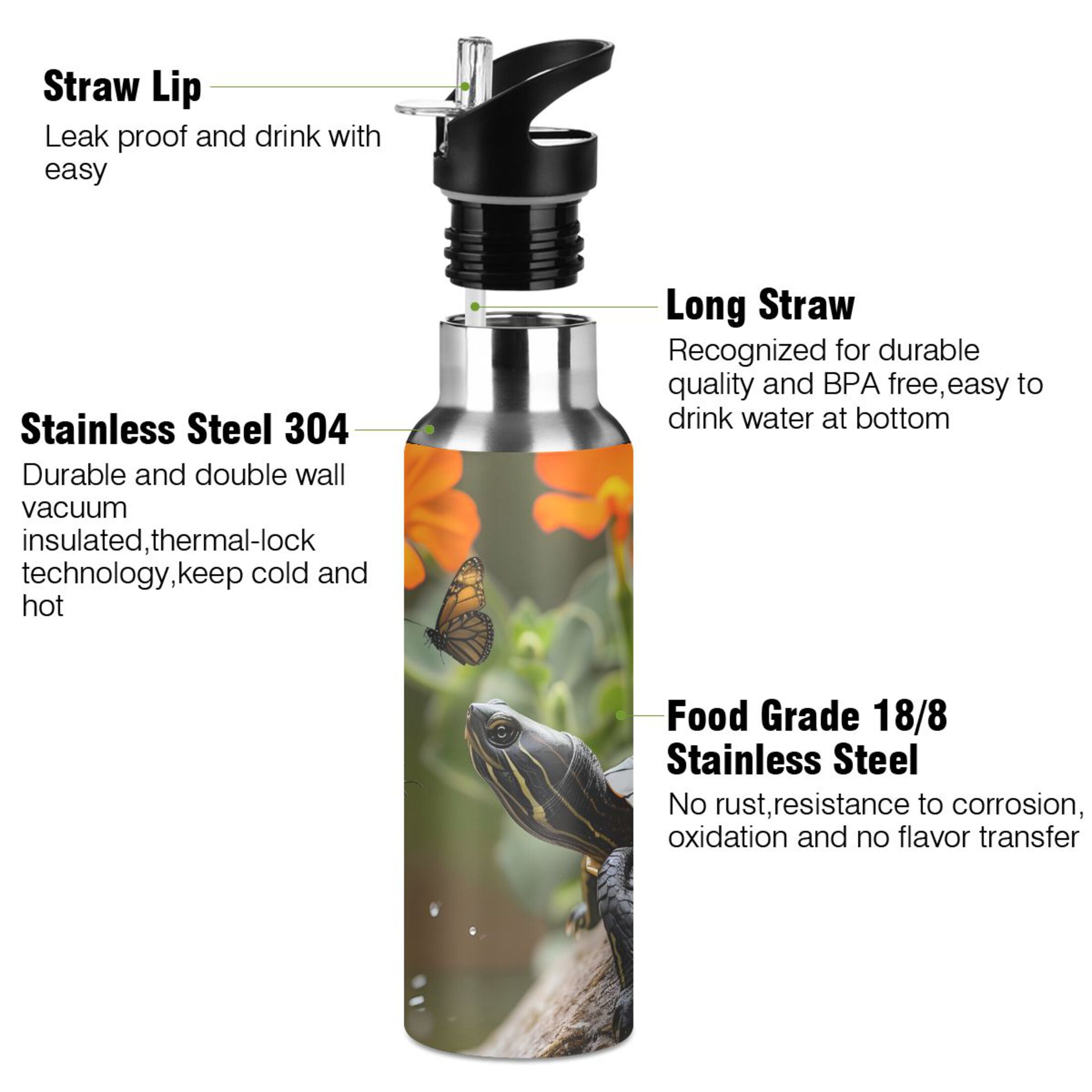 Flower Turtle Butterfly Water Bottles Insulated Thermos Kids Stainless Steel Bottle with Straw Lid Flask Leakproof for Sports Gym 20 oz