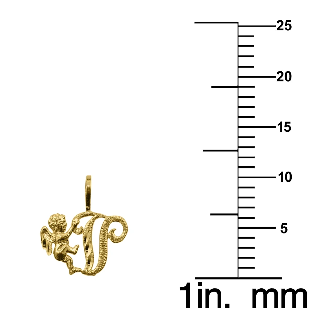 Precious Stars 14K Yellow Gold Cherub and Cursive Initial Letter 'V' Pendant with 16