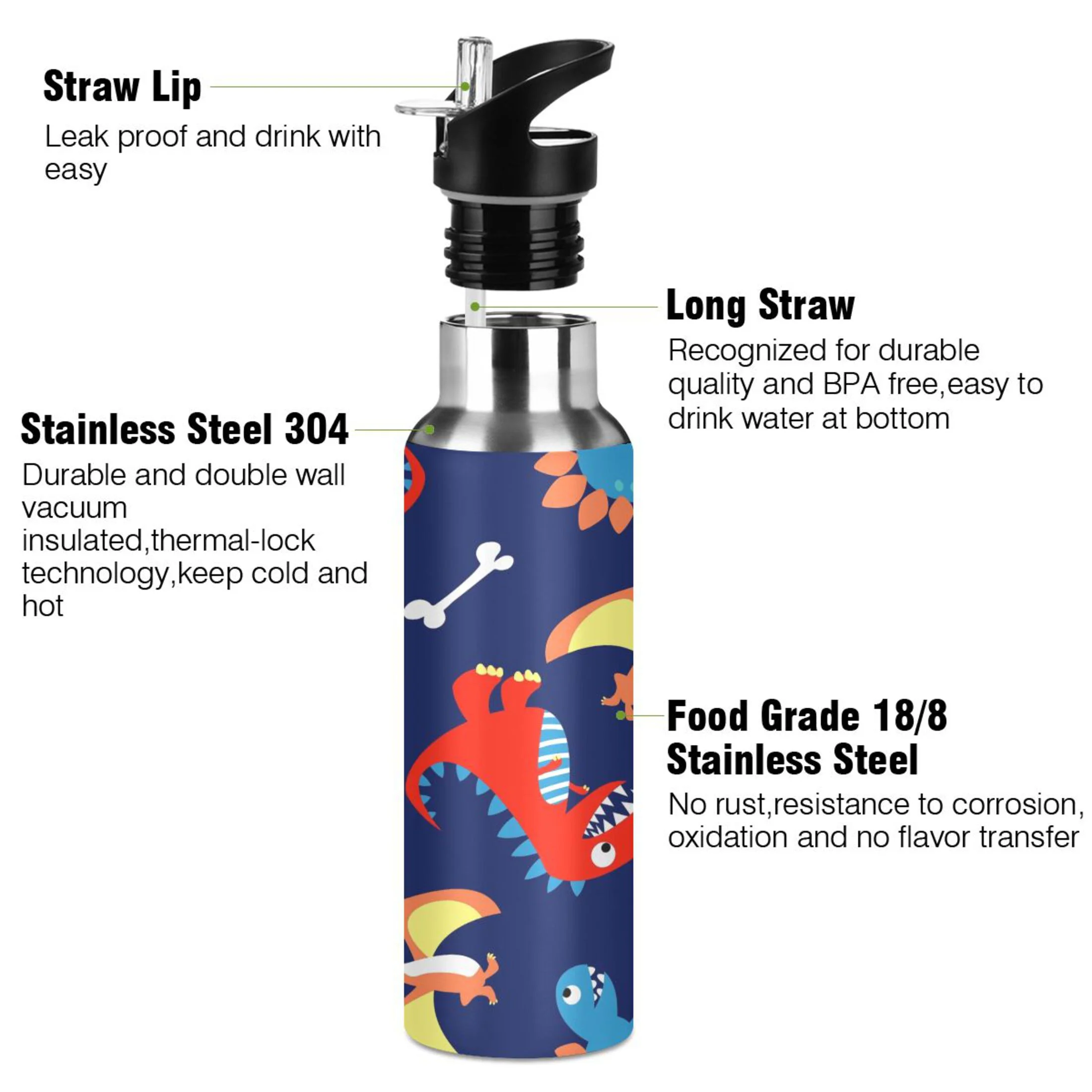 Stainless Steel Water Bottle Cute Dinosaurs Pattern with Straw Lid Vacuum Insulated Keeps Hot and Cold Leak Proof Flask Jug for Gym Travel Sports Cycling Outdoor 20 OZ