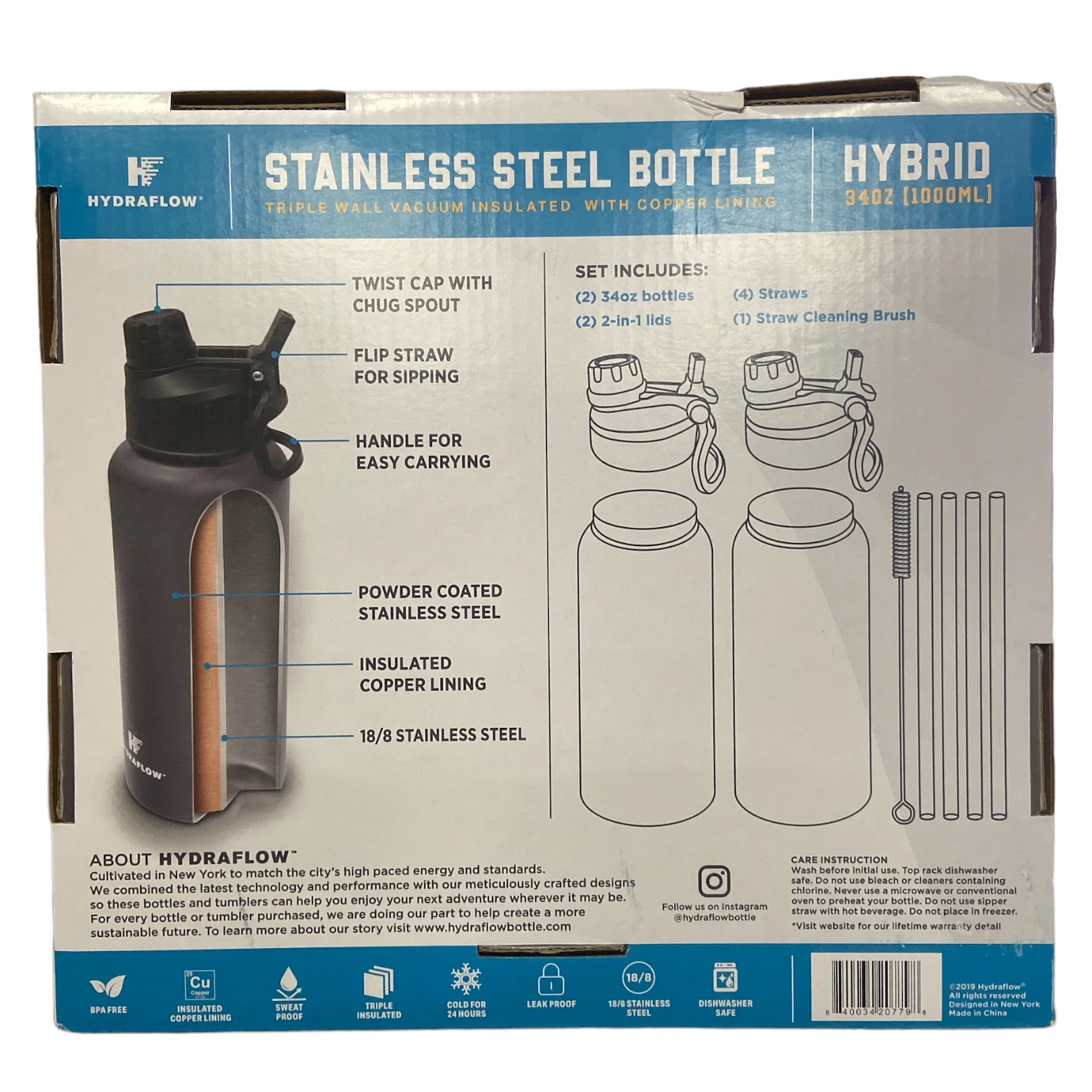 Hydraflow Hybrid 34-oz Stainless Steel Insulated Bottles, Blue/Pink