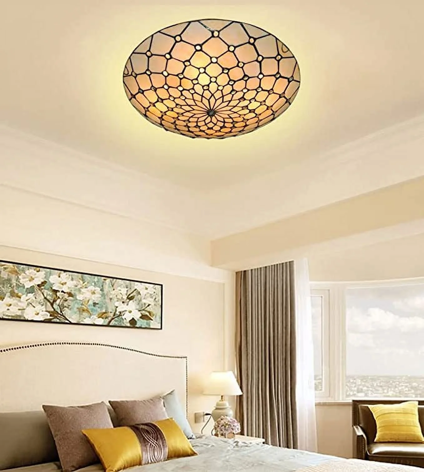 KPIBEST Vintage Tiffany Ceiling Light Fixture, 20” Baroque Flush Mount Ceiling Lamp Close to Dome Mission Chandelier Amber Pearl Bead Shade for Dining/Living Room Bedroom 4-Light