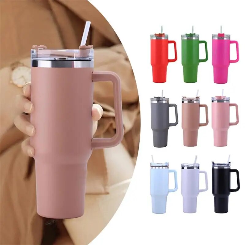 40oz Straw Coffee Tea Insulation Cup With Handle Portable Car Stainless Steel Water Bottle Travel BPA Free Thermal Mug Tumbler 40oz Light Pink