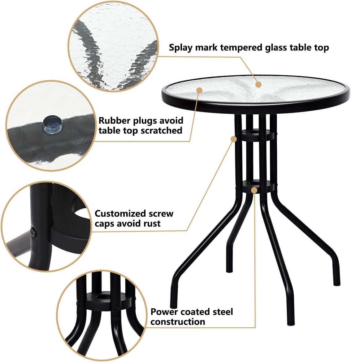 Patio Bistro Set, 3-Piece Patio Dining Furniture Set with Round Tempered Glass Table, 2 Foldable Chairs, Small Outdoor Folding Chairs & Table Set for Porch Garden Pool Yard