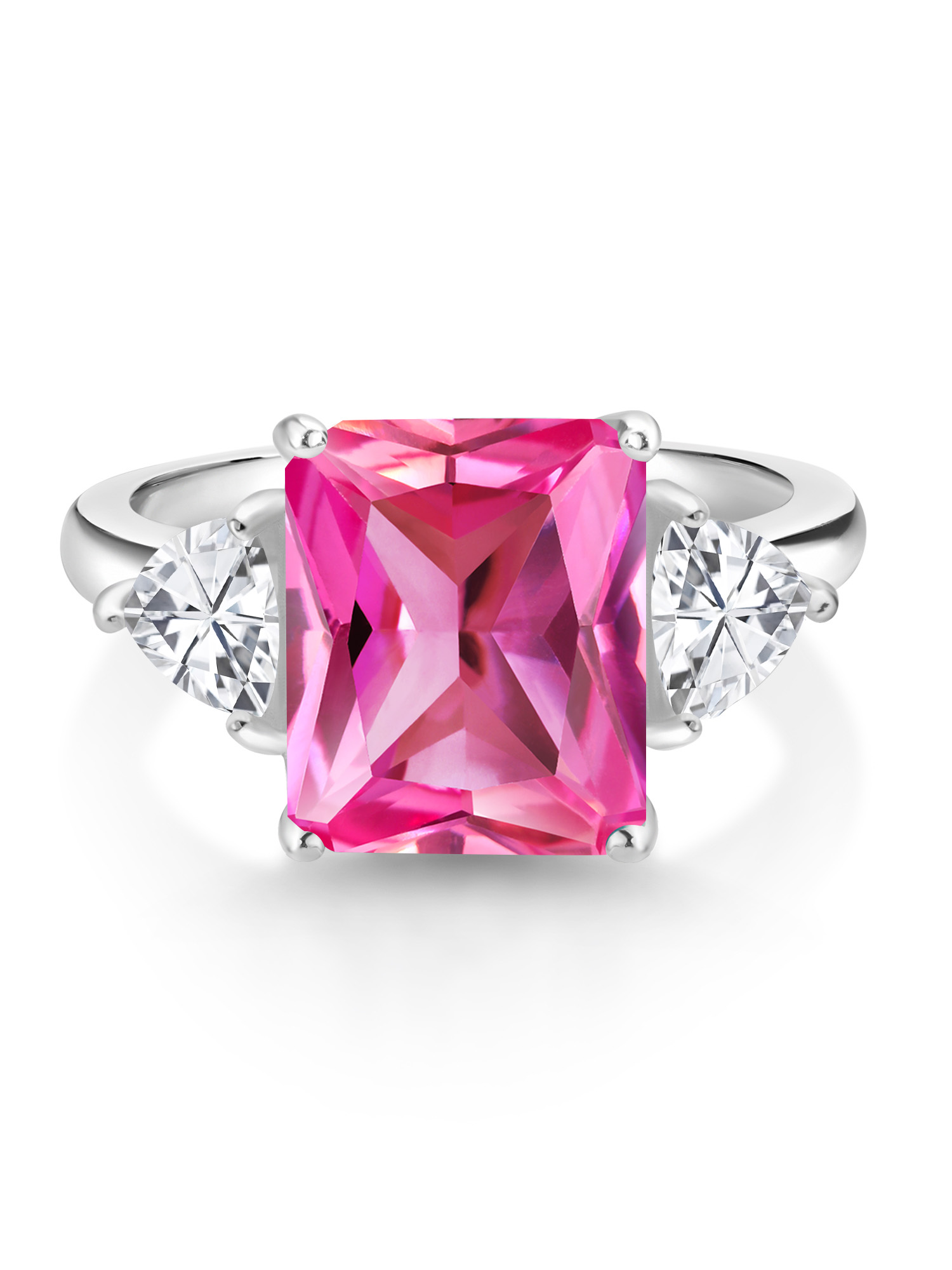 Gem Stone King 925 Sterling Silver Pink Created Sapphire 3 Stone Ring For Women (8.14 Cttw, Octagon 12X10MM, Trillion 5X5MM, Gemstone September Birthstone, Size 5)