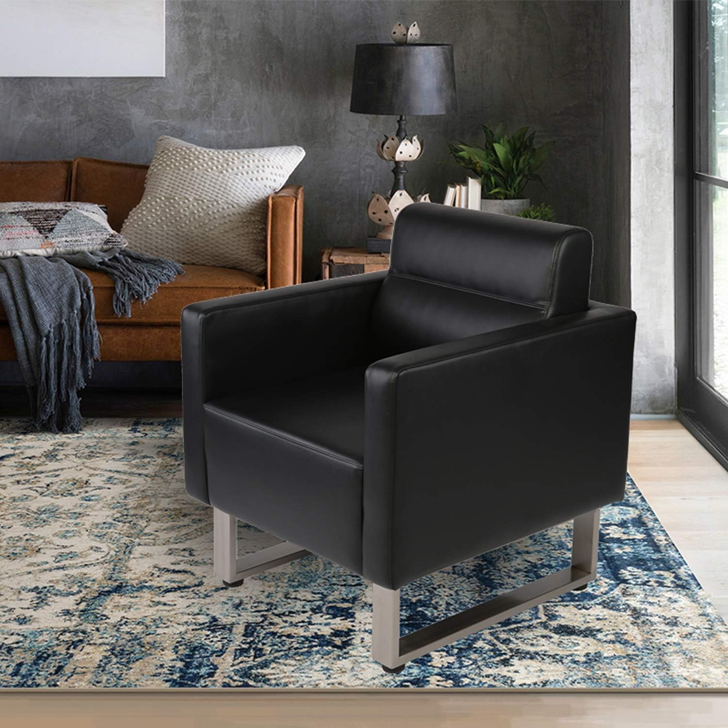 Office Guest Chairs Modern Waiting Room Office Reception Lobby Leather Club Chair Home Arm Chair Sofa Seat Furniture W/Cushion (Black)