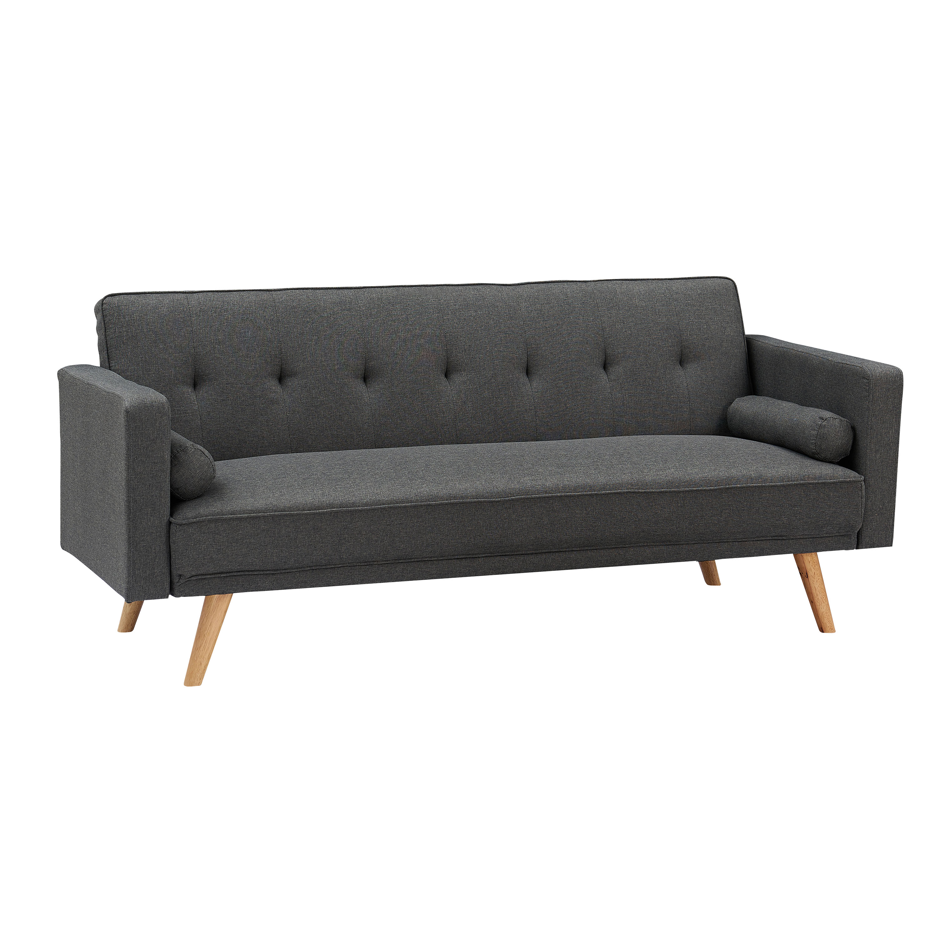 Modern Minimalist Fabric Upholstered Futon Sofa Bed with Two Pillows, Dark Gray